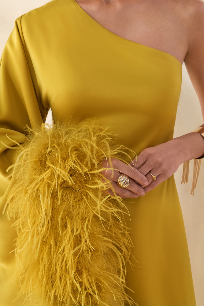 Destiny Yellow Satin Asymmetric-Neck Midi Dress With Feather Details – Club  L London