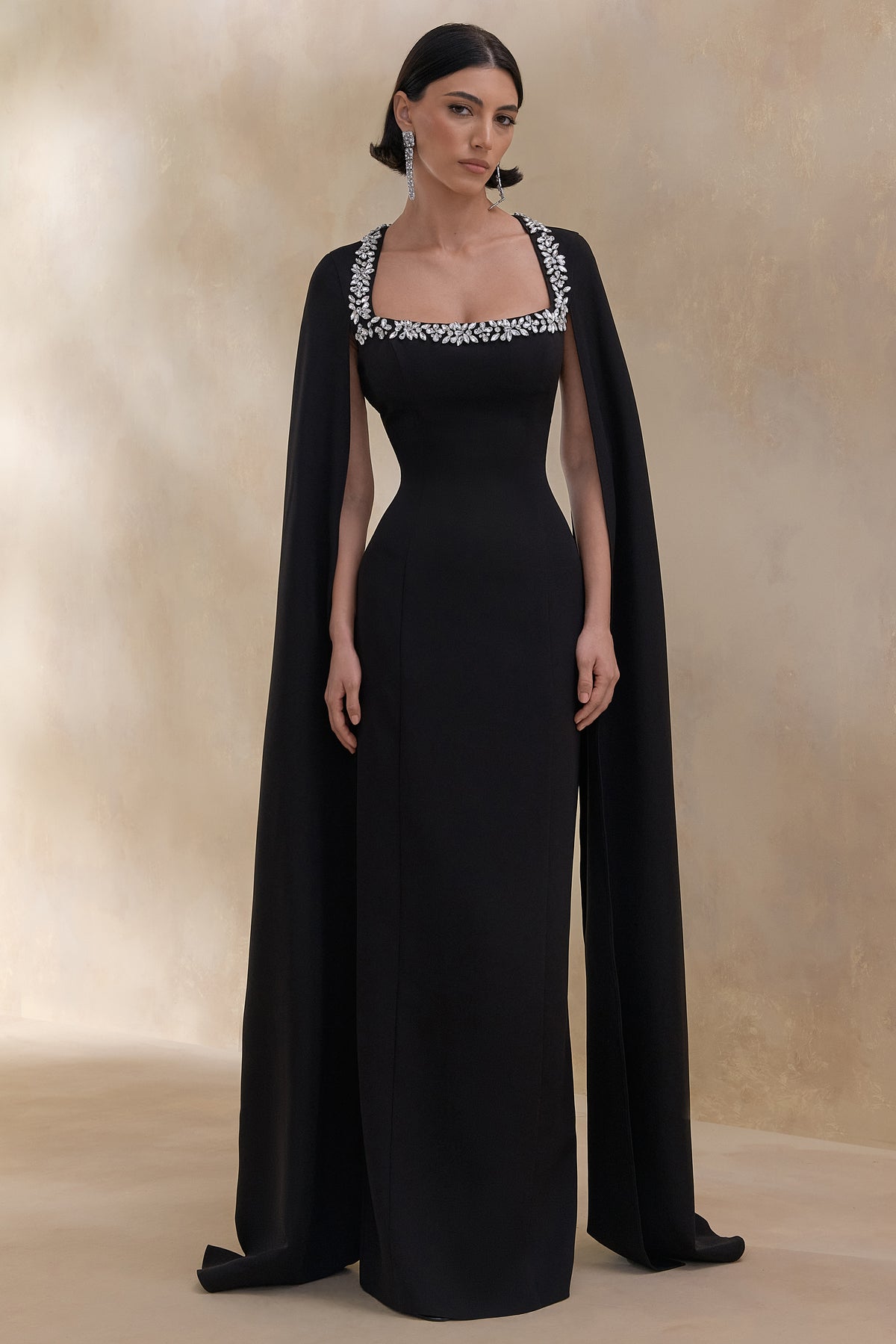 Glossy Black Woven Square-Neck Maxi Dress With Cape Sleeves and Hand Club L London - USA Glossy Black Woven Square-Neck Maxi Dress With Cape Sleeves and Hand Club L London - USA
