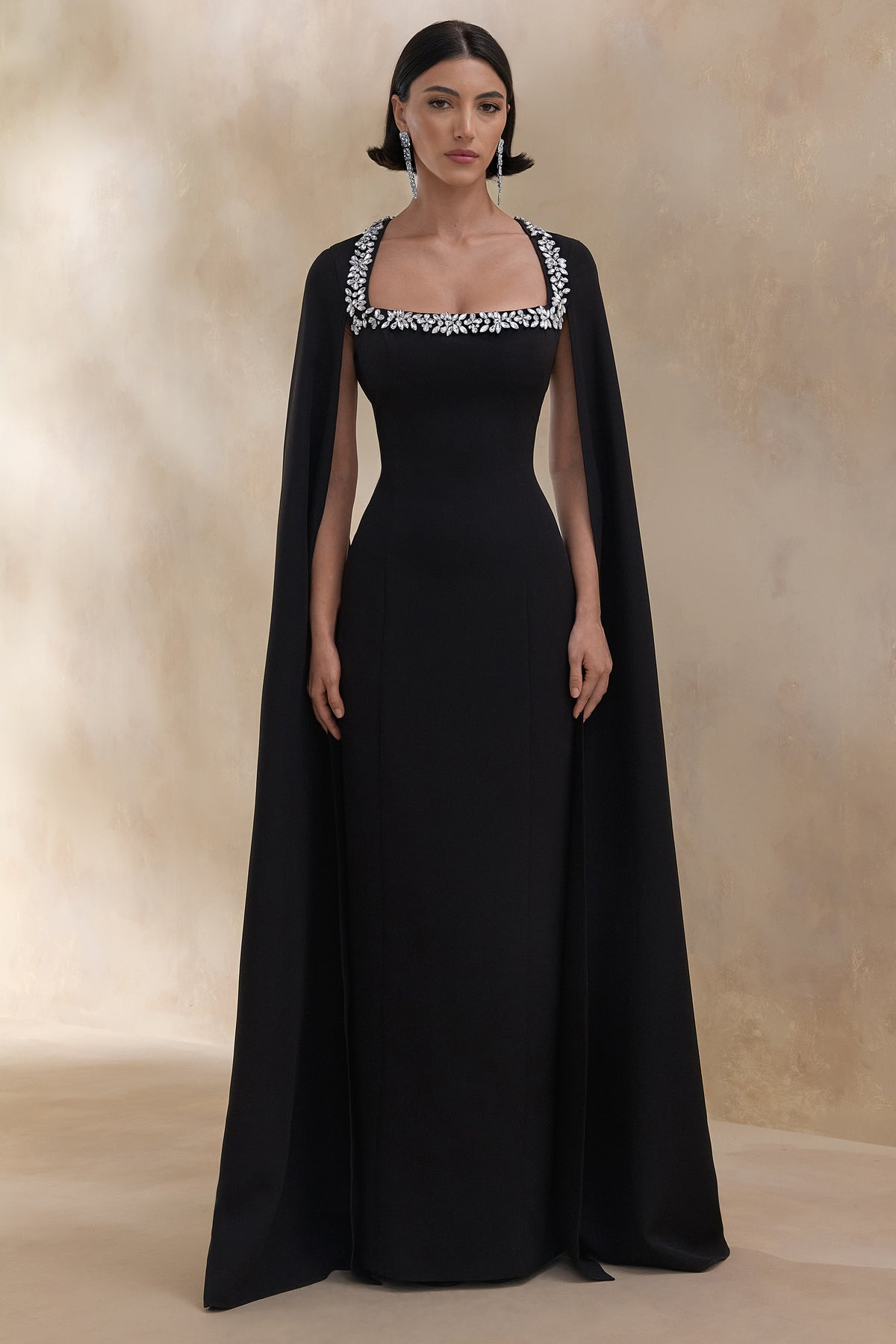Glossy Black Woven Square-Neck Maxi Dress With Cape Sleeves and Hand Club L London - USA Glossy Black Woven Square-Neck Maxi Dress With Cape Sleeves and Hand Club L London - USA