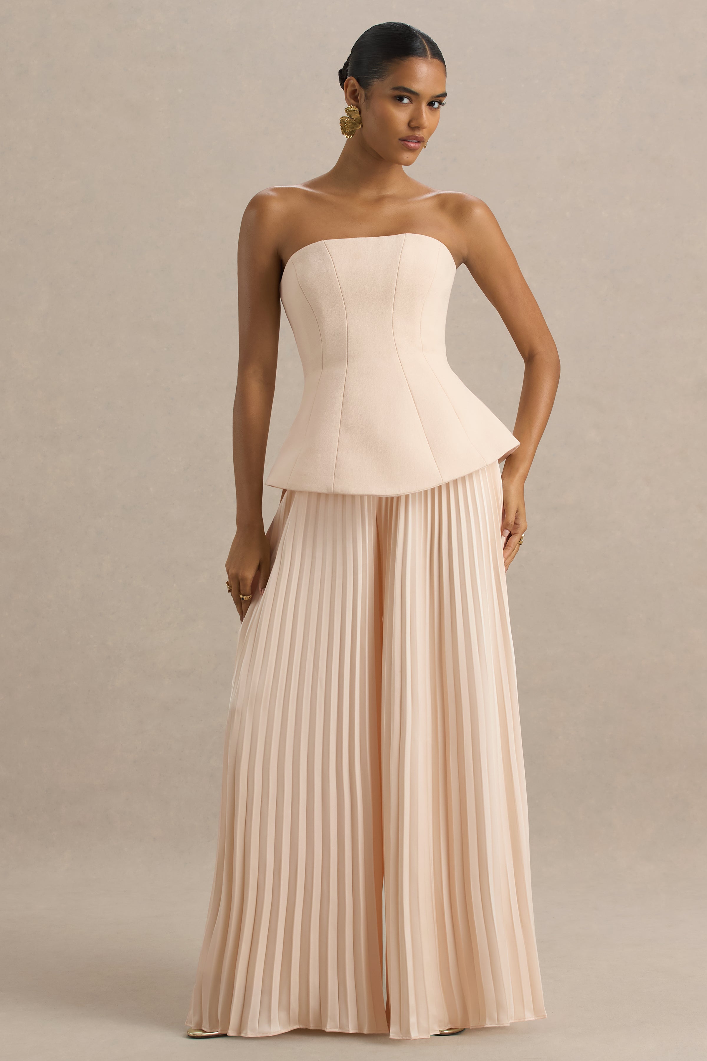 Feeling Good | Nude Bandeau Jumpsuit With Pleated Trouser – Club L