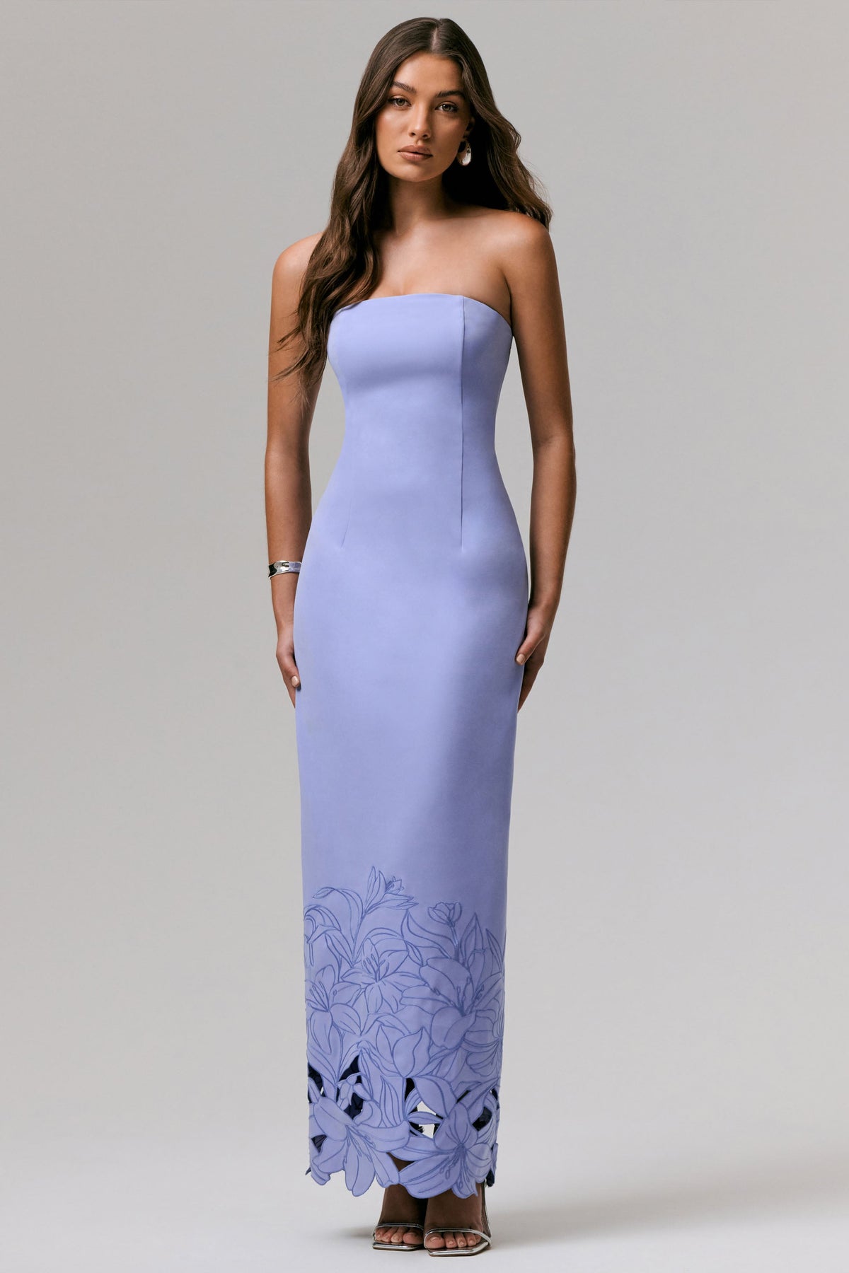 Samara Purple Bandeau Maxi Dress With Cut-Out Crochet Hem Club L London - USA Samara Purple Bandeau Maxi Dress With Cut-Out Crochet Hem Club L London - USA