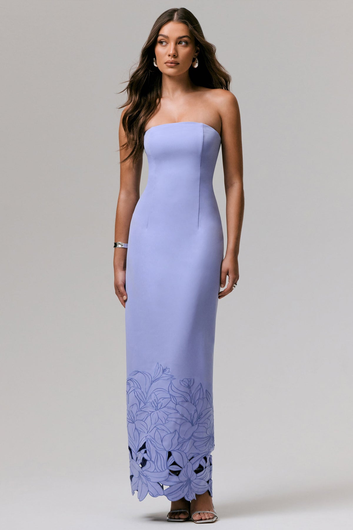 Samara | Purple Bandeau Maxi Dress With Cut-Out Crochet Hem - UK 12 LAVENDER BLUE (PURPLE) Samara | Purple Bandeau Maxi Dress With Cut-Out Crochet Hem - UK 12 LAVENDER BLUE (PURPLE)