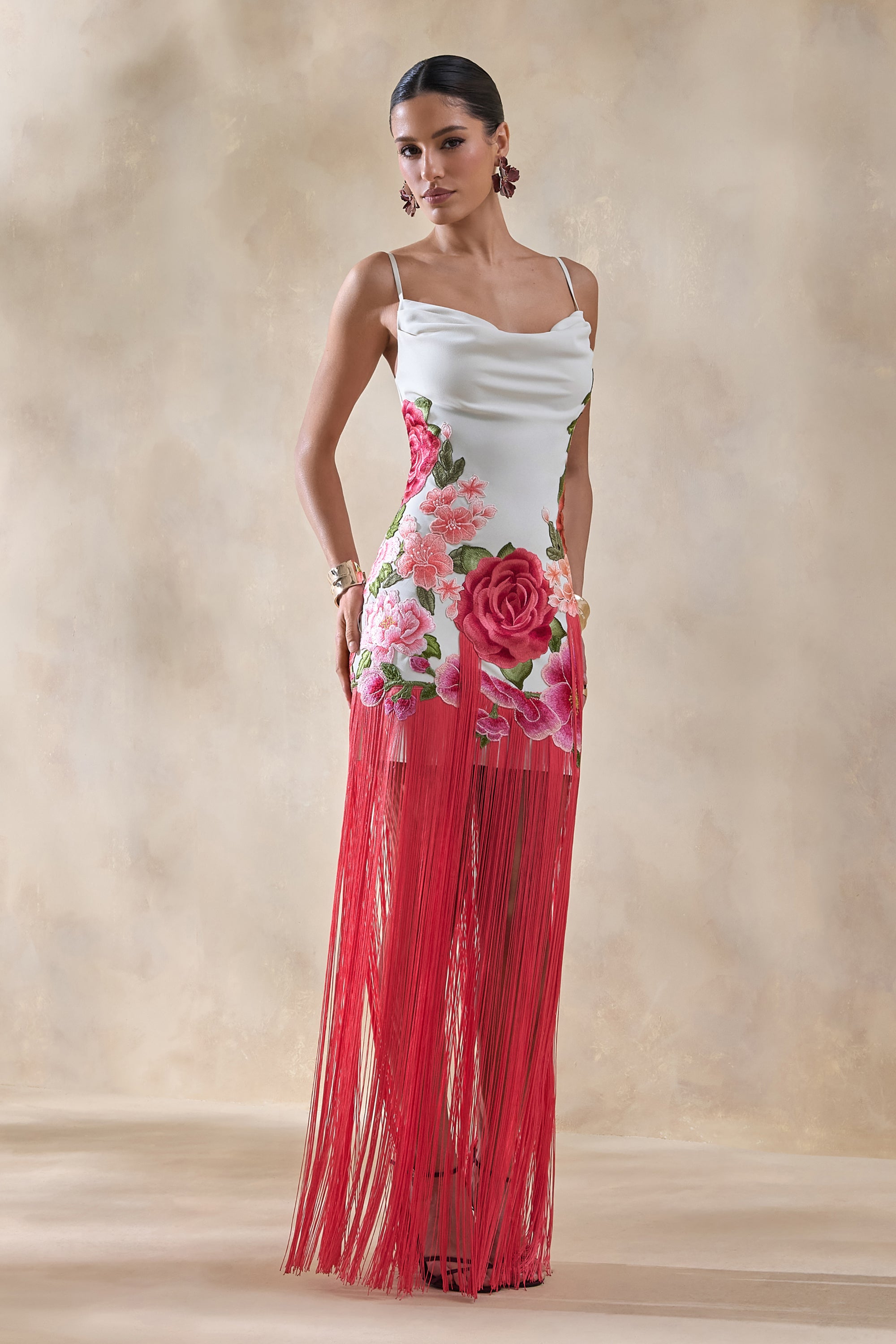 red and cream maxi dress Cream and Red Floral Chiffon Maxi Dress