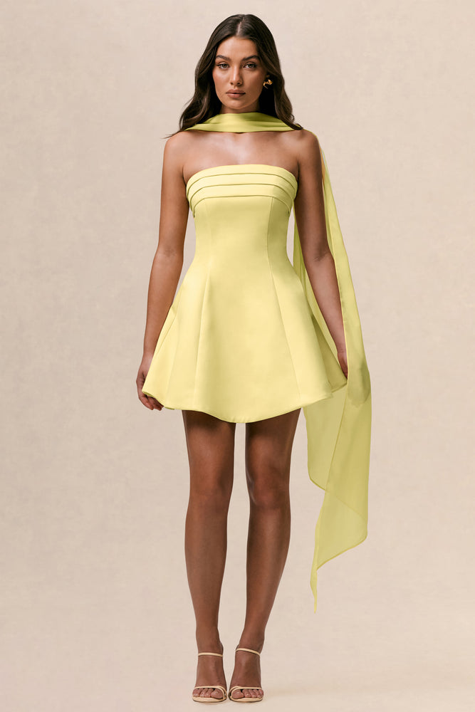Love Me | Lemon Satin Skater Mini Dress with Chiffon Scarf