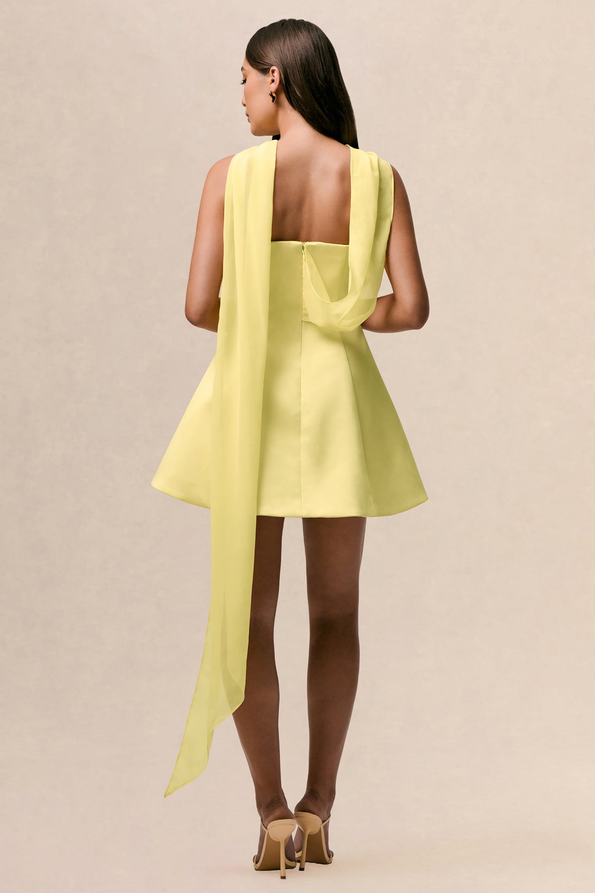 Love Me | Lemon Satin Skater Mini Dress With Chiffon Scarf - UK 14 Lemon Love Me | Lemon Satin Skater Mini Dress With Chiffon Scarf - UK 14 Lemon