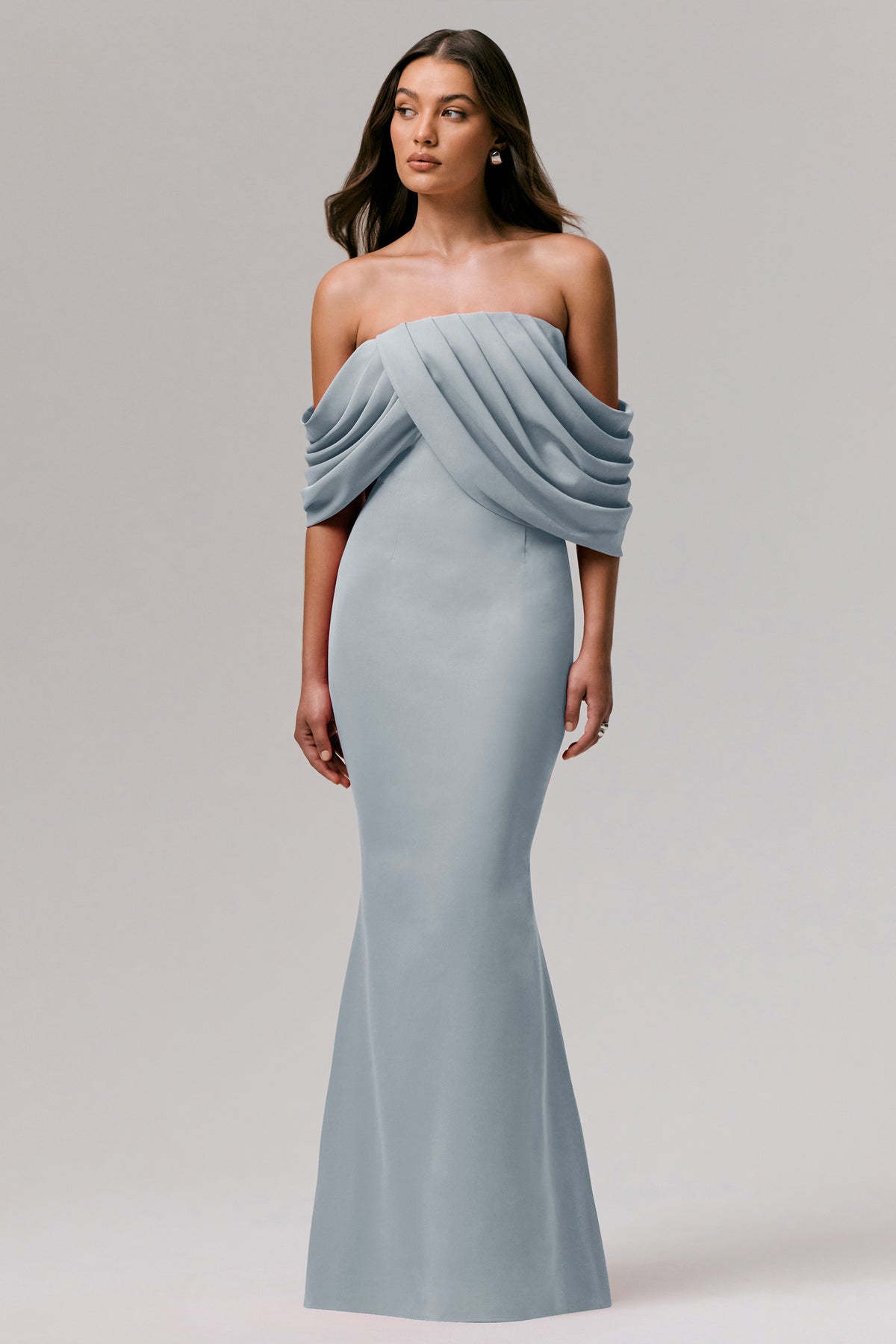 Serene Powder Blue Draped Bardot Maxi Dress Club L London - USA Serene Powder Blue Draped Bardot Maxi Dress Club L London - USA