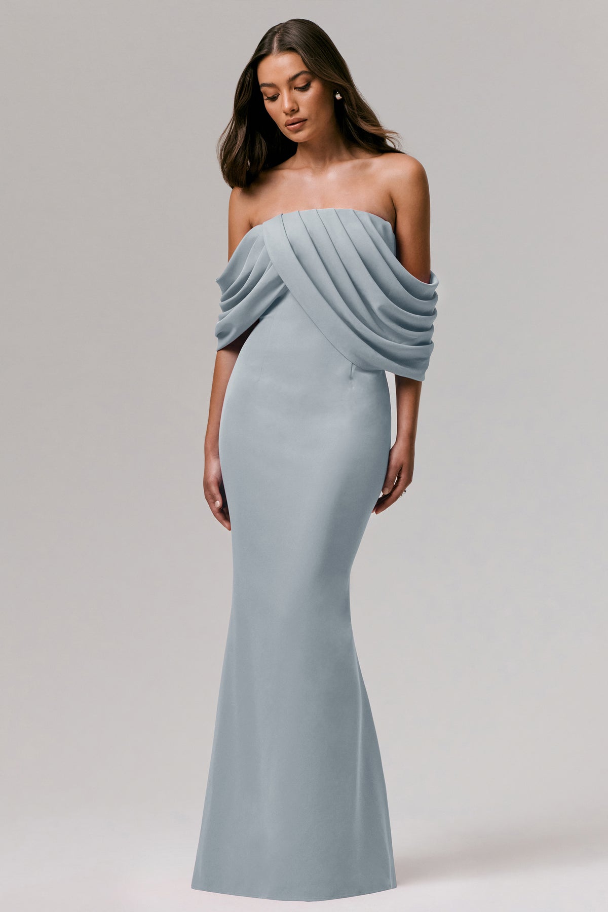 Serene Powder Blue Draped Bardot Maxi Dress Club L London - USA Serene Powder Blue Draped Bardot Maxi Dress Club L London - USA