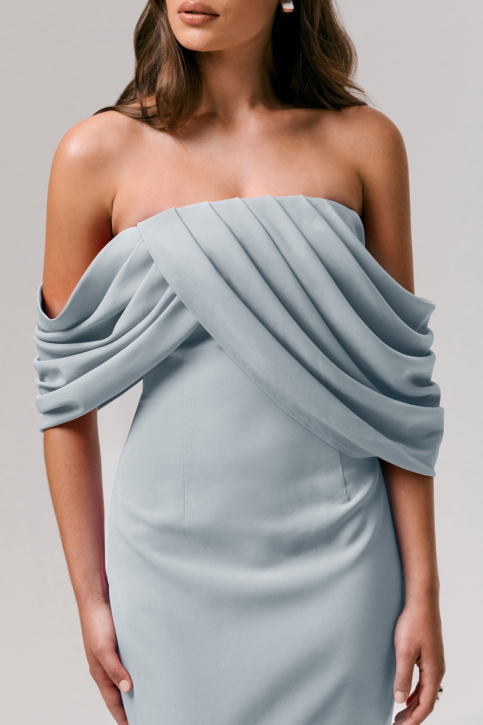 satin draped bardot midi dress PrettyLittleThing Women's Plus Corset Bardot Draped Midi Dress in Navy