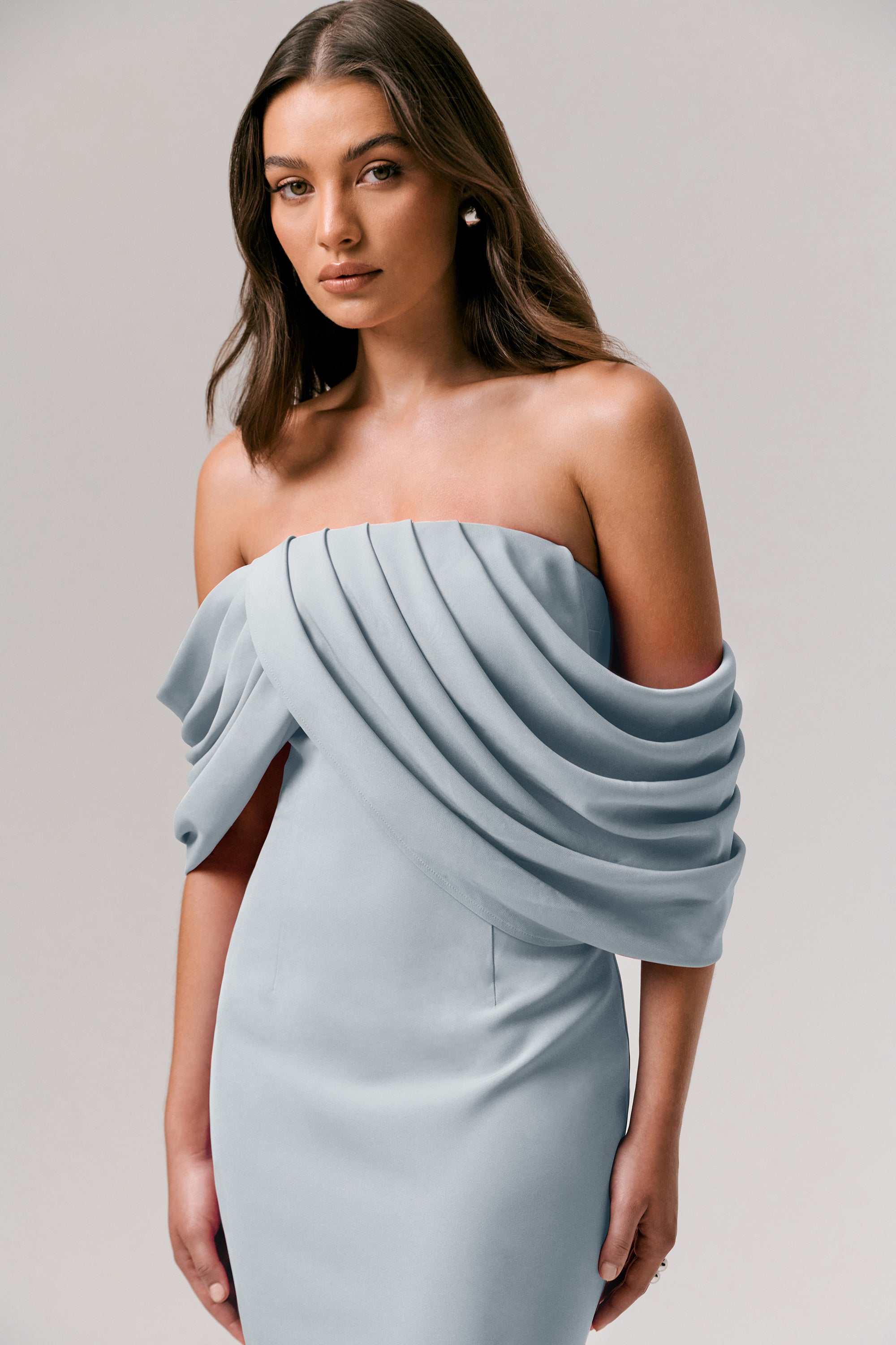 blue satin draped bardot midi dress Blue Satin Draped Bardot Midi Dress Perfect for