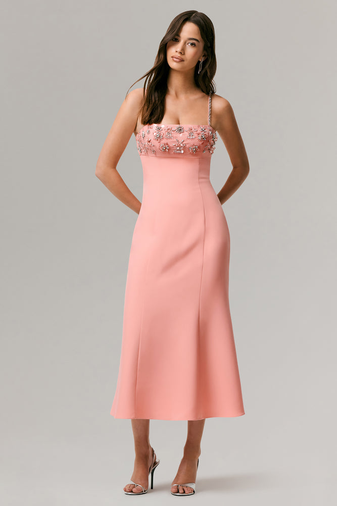 One To Remember Coral Square-Neck Embellished Midi Dress Club L London - USA One To Remember Coral Square-Neck Embellished Midi Dress Club L London - USA