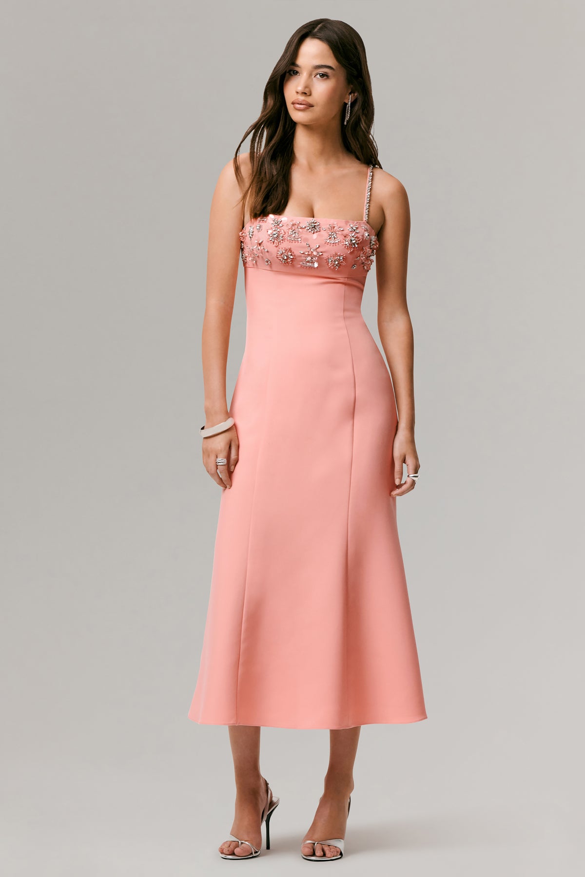 One to Remember | Coral Square-Neck Embellished Midi Dress - UK 12 Coral