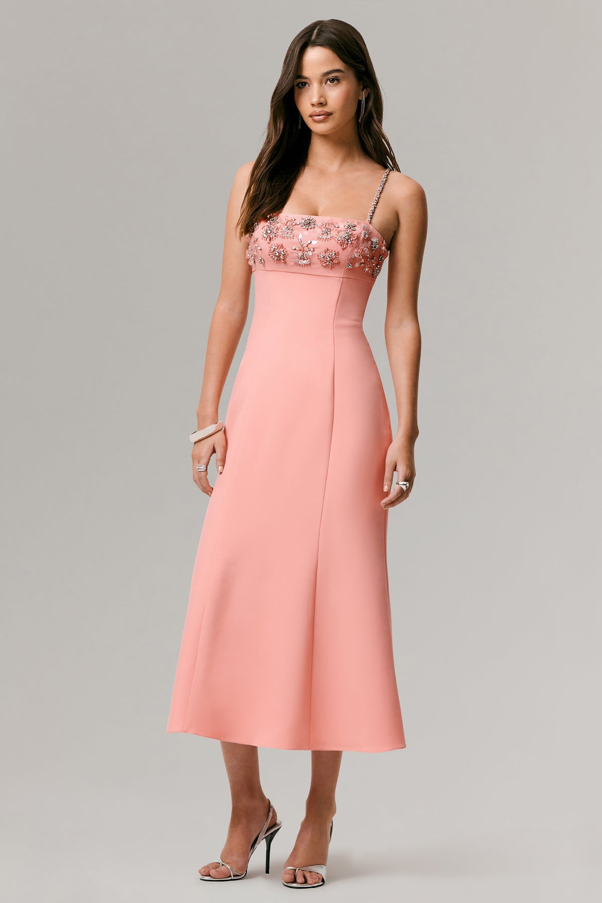 knee length dresses for ladies Elisabetta pink embellished floral-embroidered lace midi dress