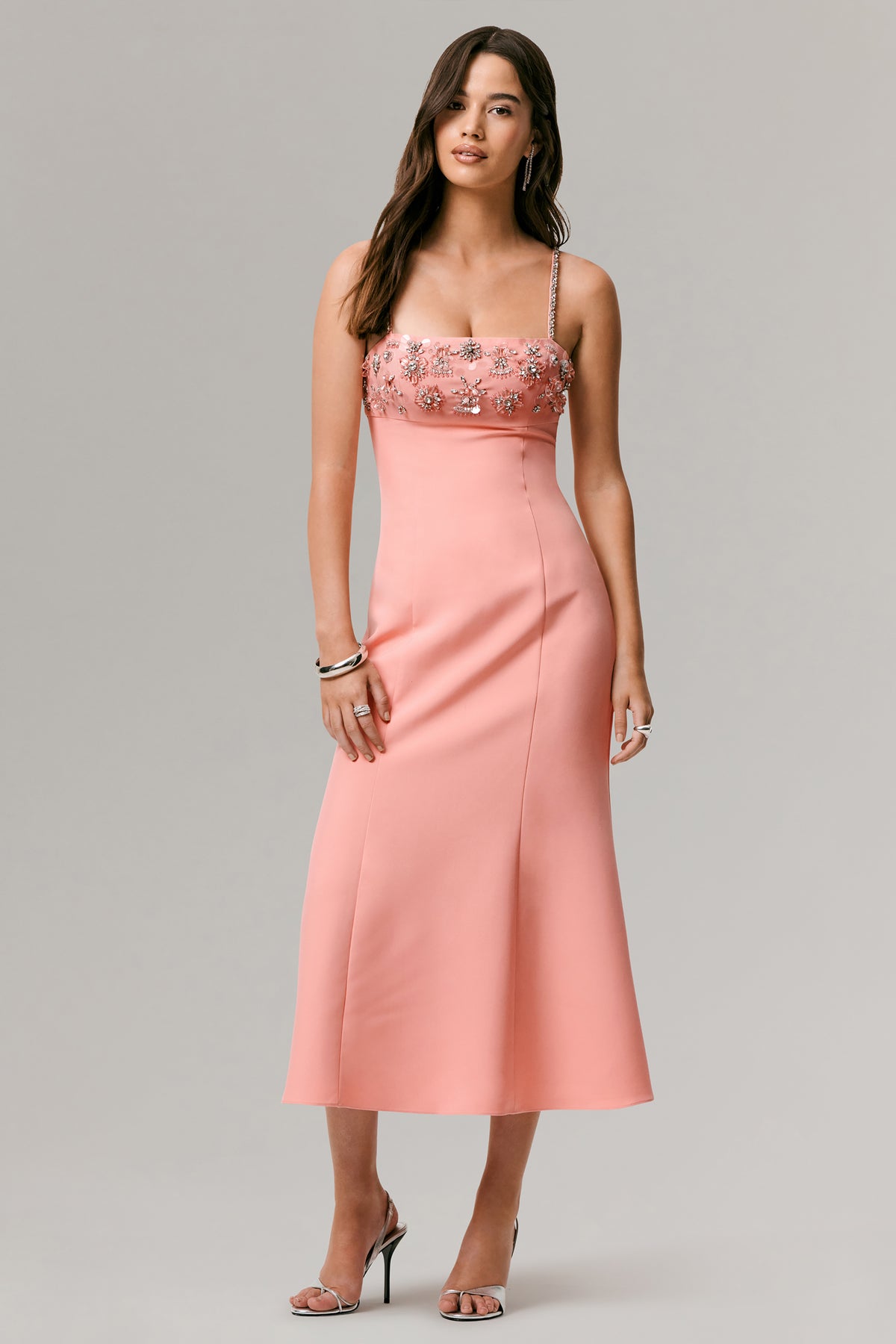 pink embellished midi dress One To Remember | Coral Square-Neck Embellished Midi Dress