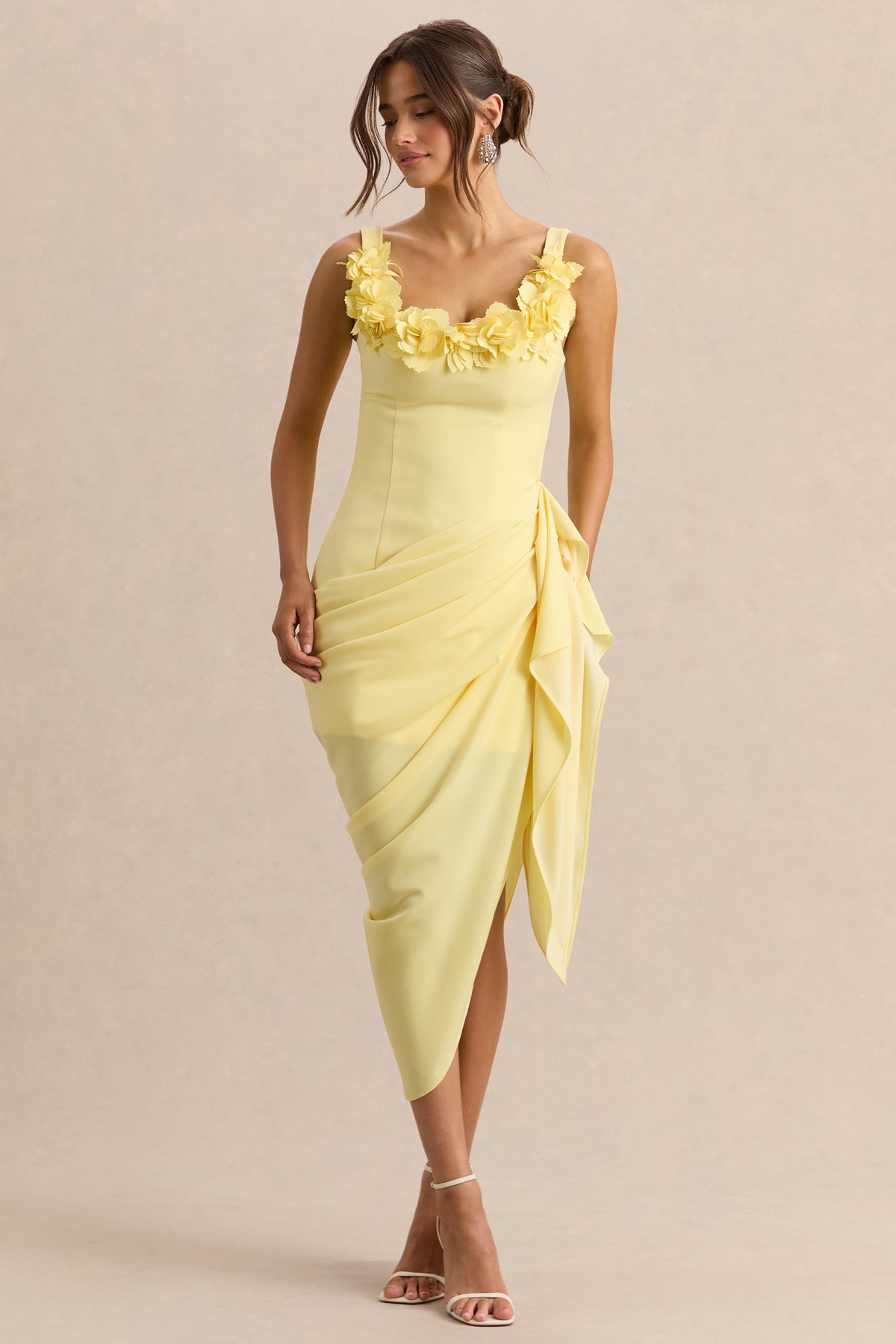 Letitia Lemon Scoop-Neck Embellished Wrap Midi Dress Club L London - USA Letitia Lemon Scoop-Neck Embellished Wrap Midi Dress Club L London - USA