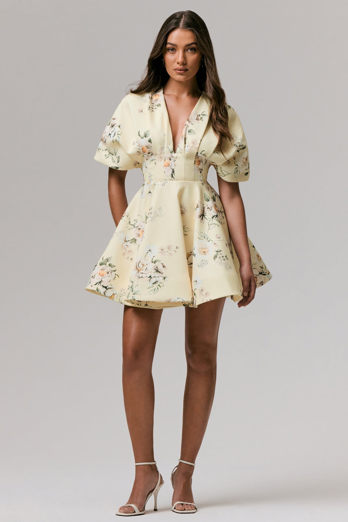 Delight Lemon Print Plunge-Neck Ruffled Mini Dress Club L London - USA Delight Lemon Print Plunge-Neck Ruffled Mini Dress Club L London - USA