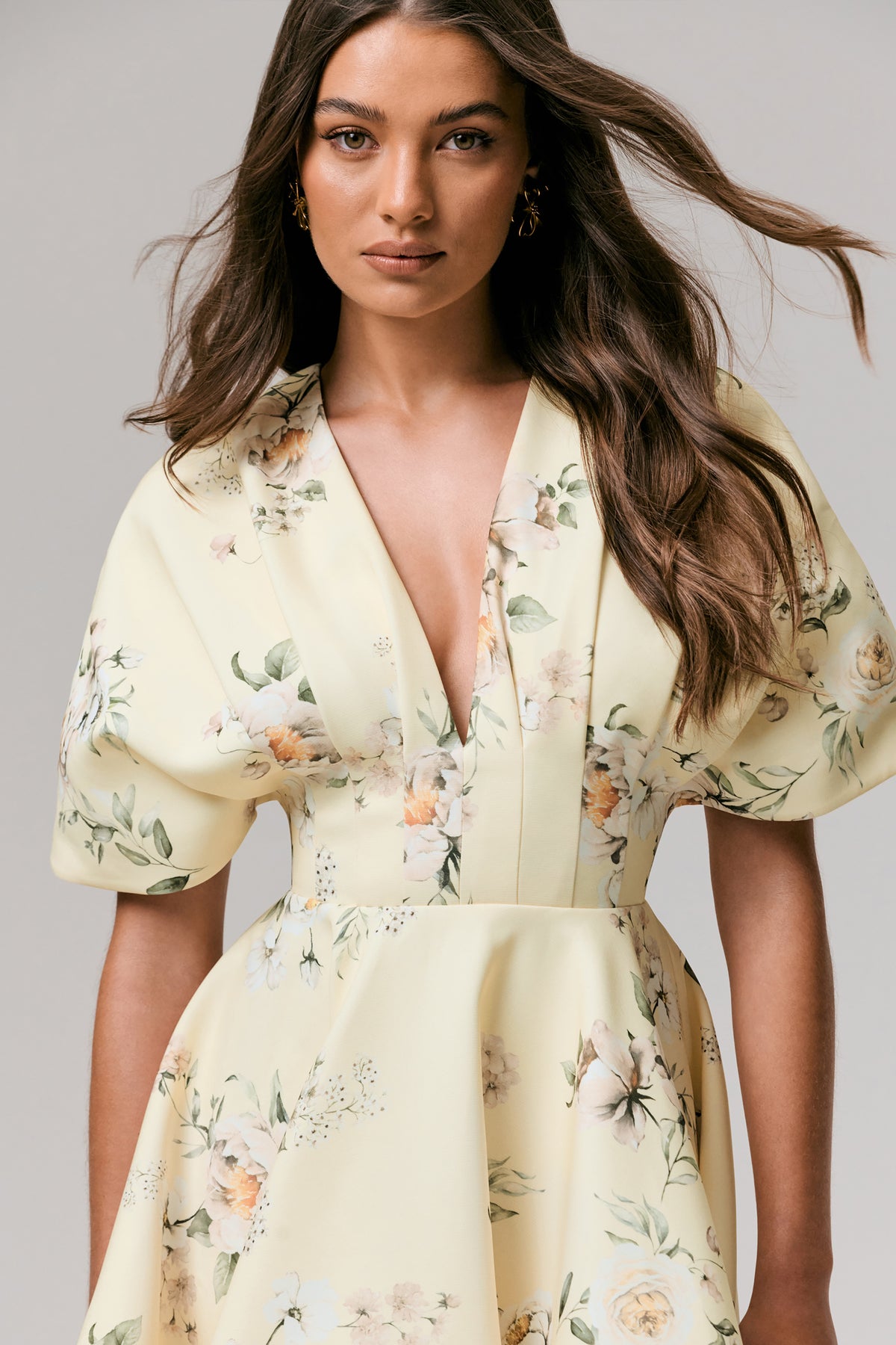 Delight Lemon Print Plunge-Neck Ruffled Mini Dress Club L London - USA Delight Lemon Print Plunge-Neck Ruffled Mini Dress Club L London - USA
