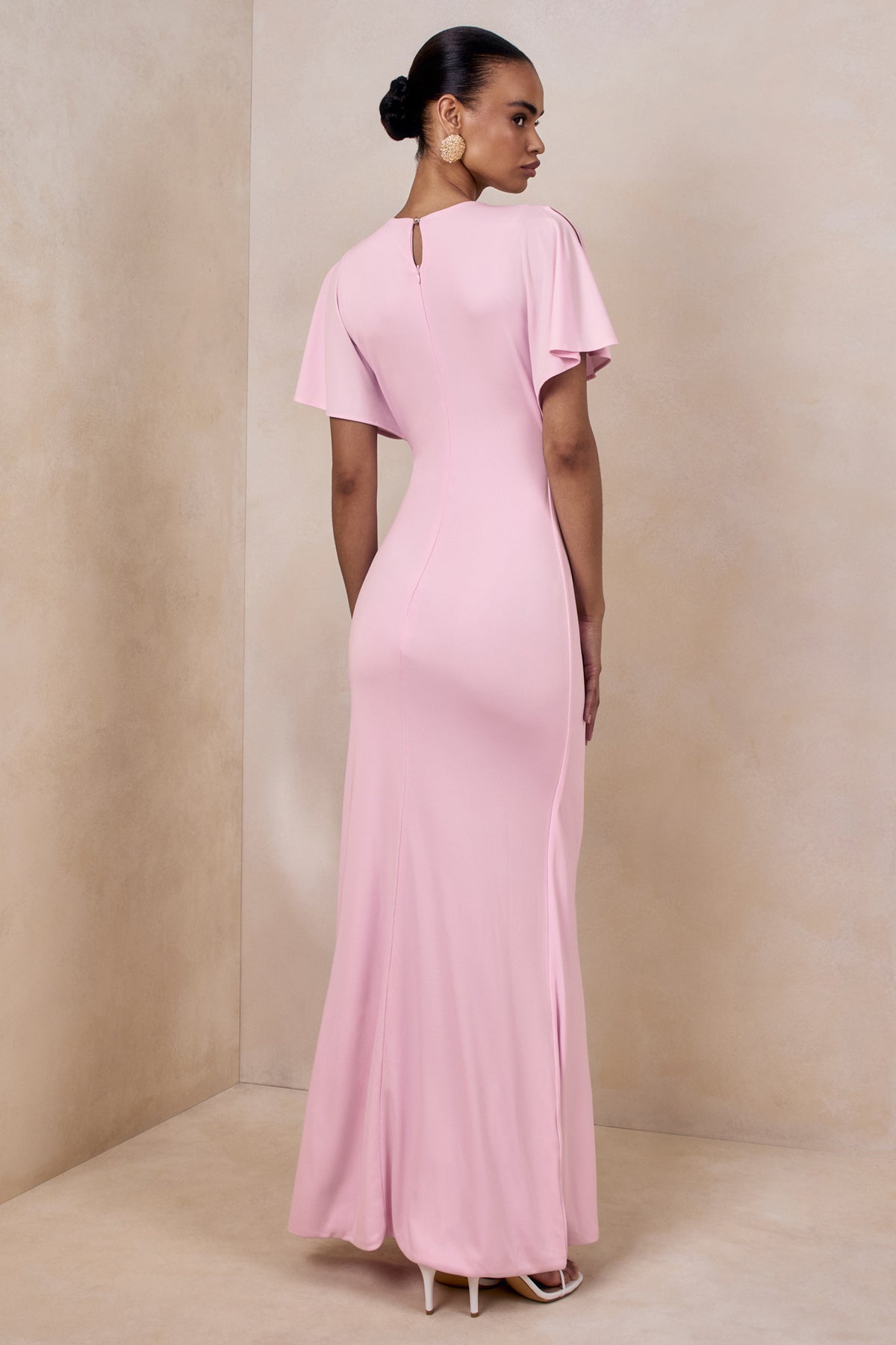 Grandeur Pale Pink High-Neck Ruched Maxi Dress Club L London - USA Grandeur Pale Pink High-Neck Ruched Maxi Dress Club L London - USA