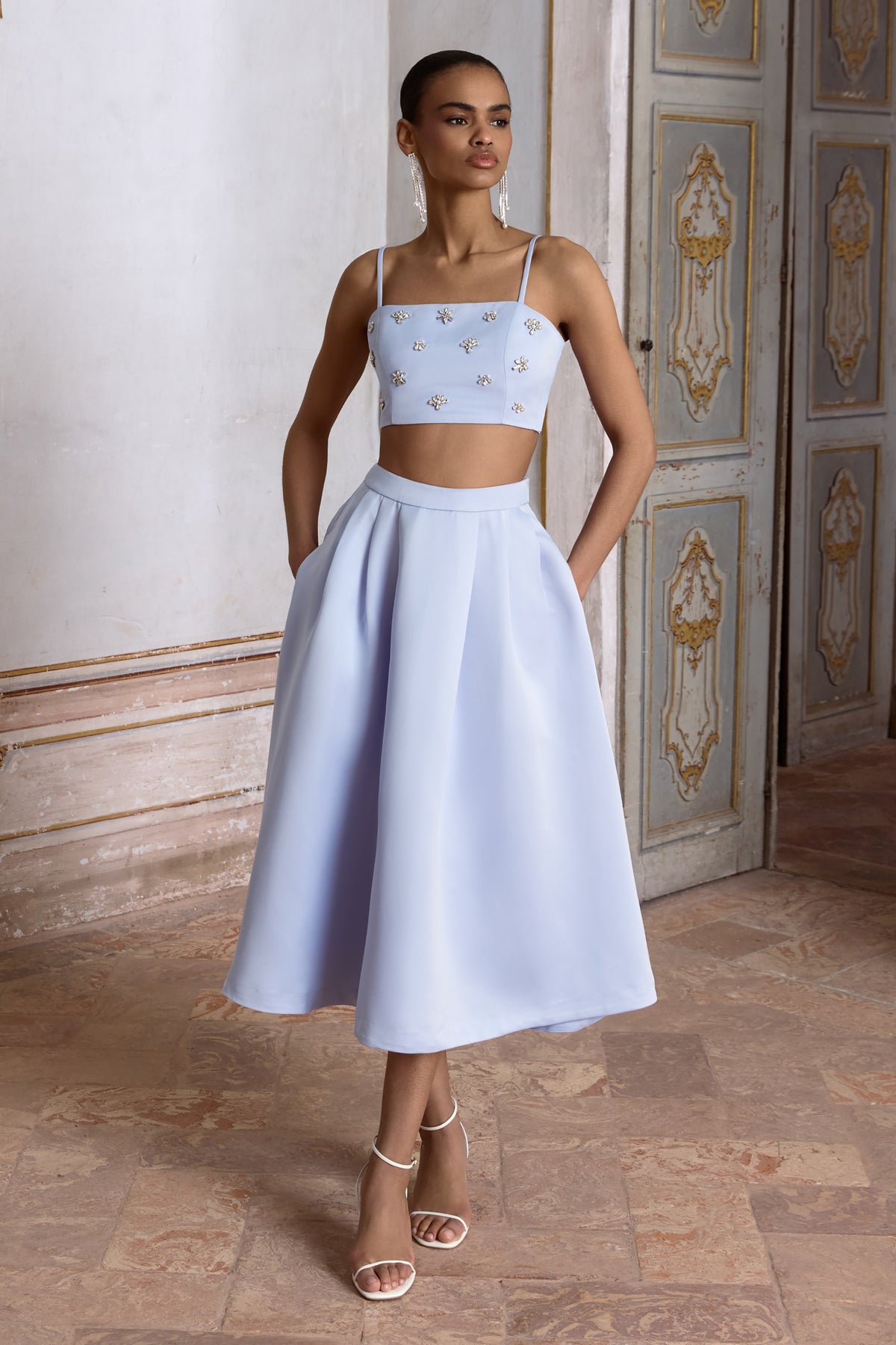 Iris Blue Satin Pleated Midi Skirt Club L London - USA Iris Blue Satin Pleated Midi Skirt Club L London - USA