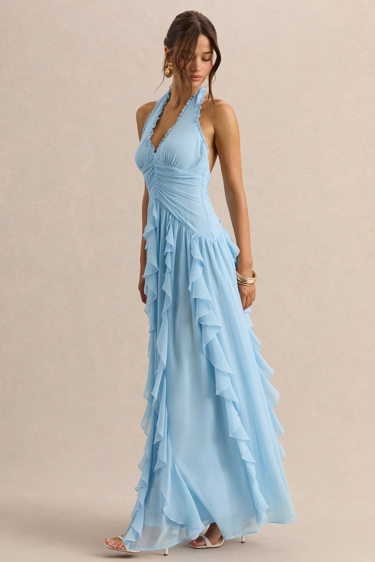 Bea | Powder BLUE Plunge-Neck Ruffled Maxi Dress