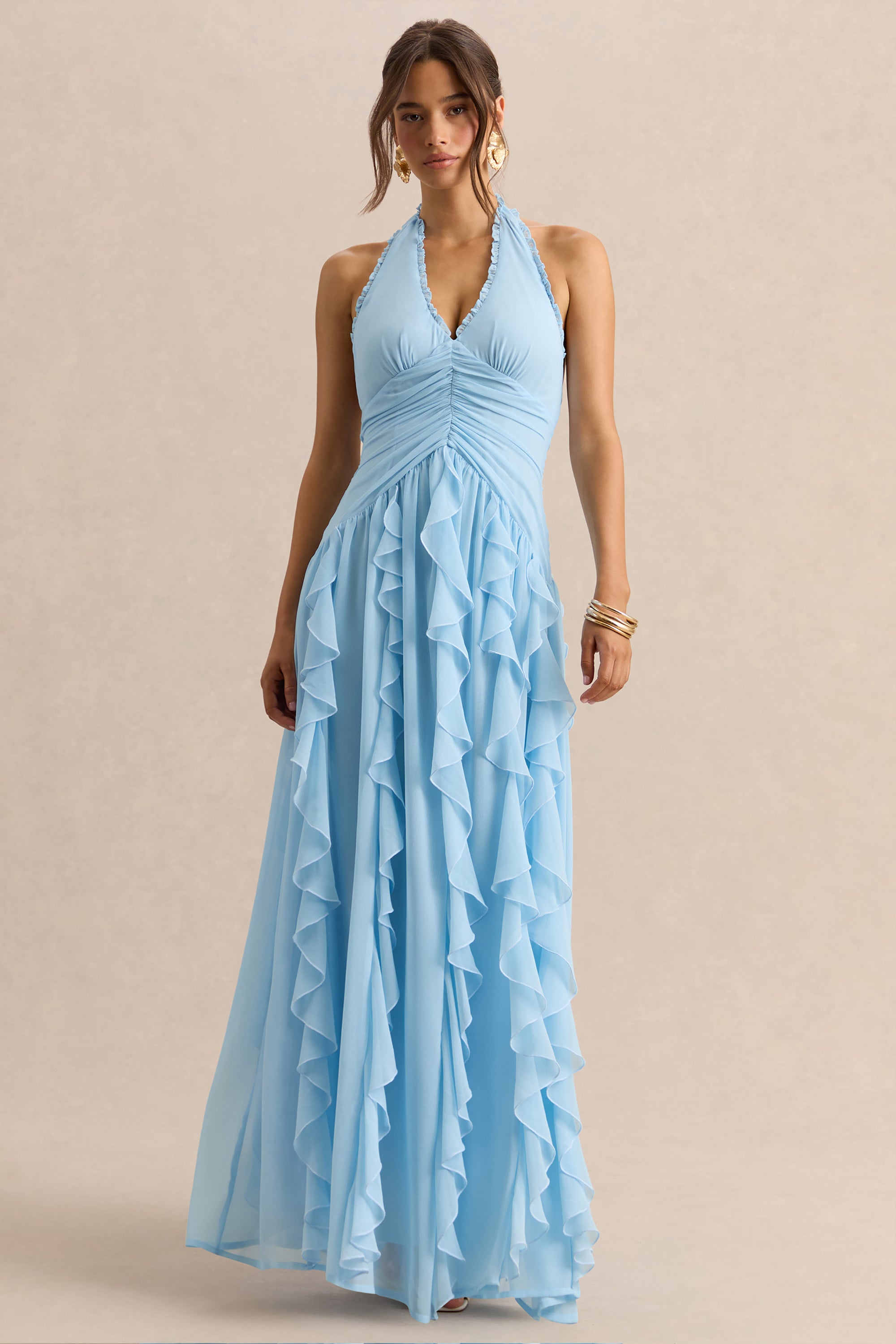 Bea | Powder BLUE Plunge-Neck Ruffled Maxi Dress