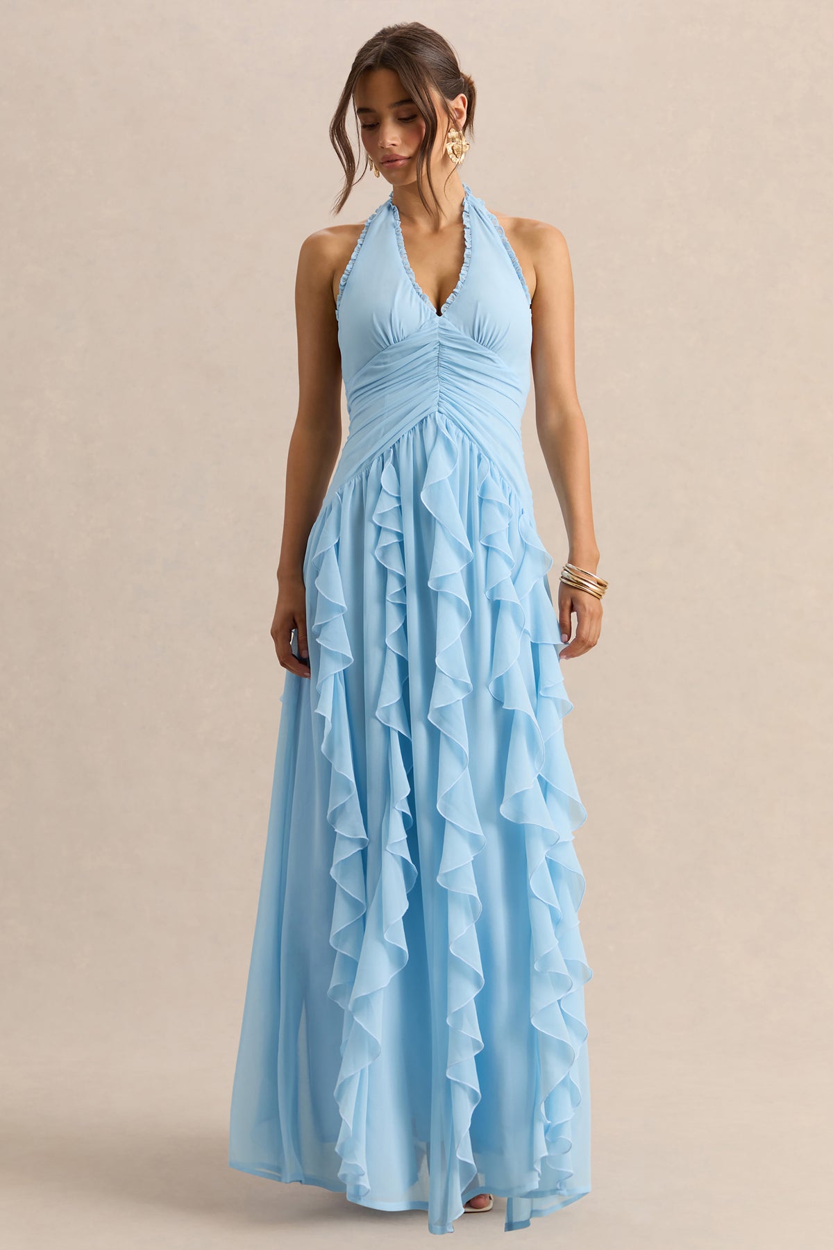 halter neck ruffle maxi dress Bea | Powder BLUE Plunge-Neck Ruffled Maxi Dress