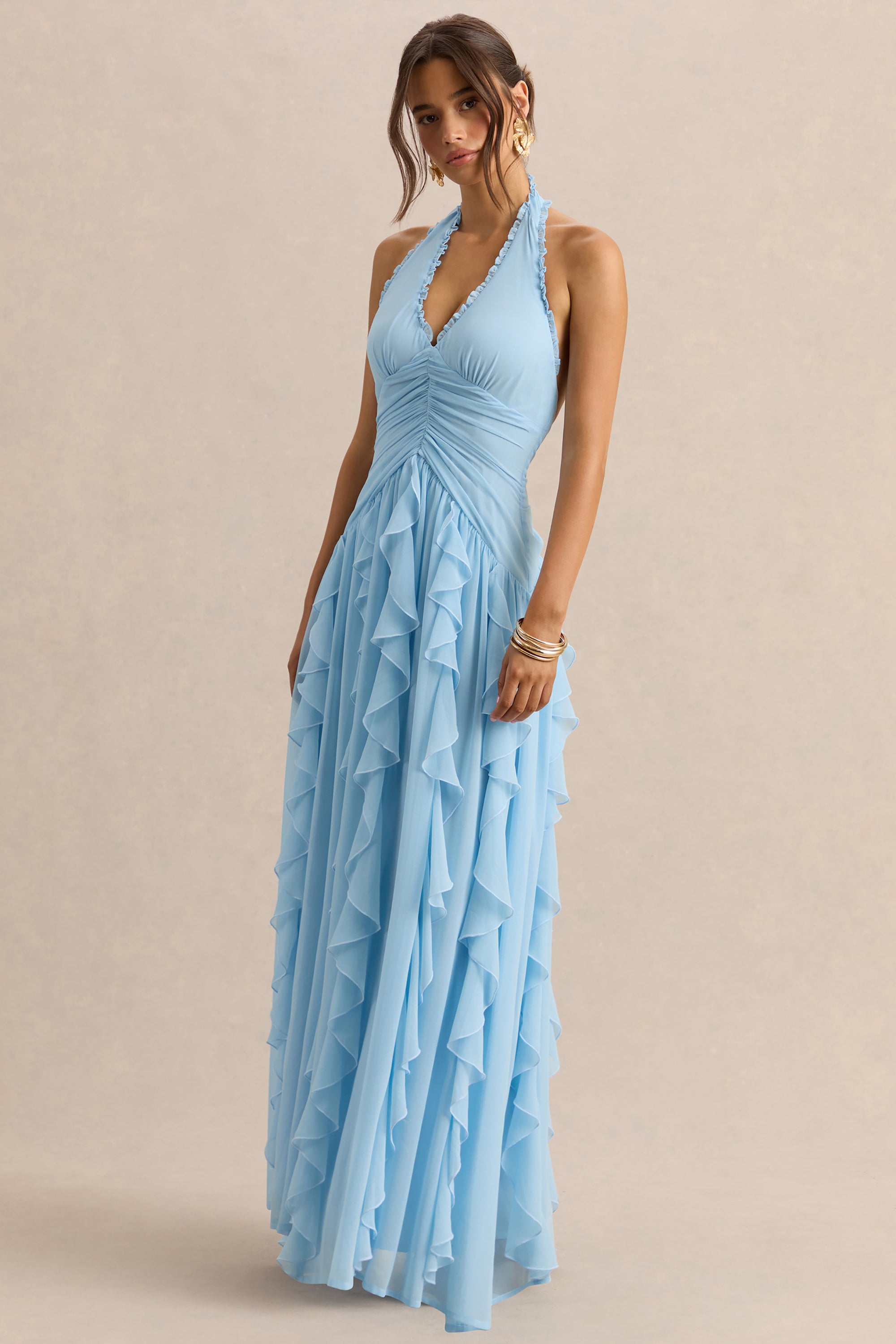 Bea | Powder BLUE Plunge-Neck Ruffled Maxi Dress