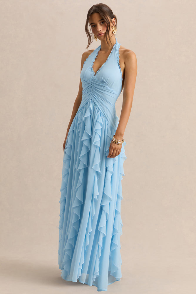 ruffle maxi dress formal Bea Powder Blue Plunge-Neck Ruffled Maxi Dress – Club L London