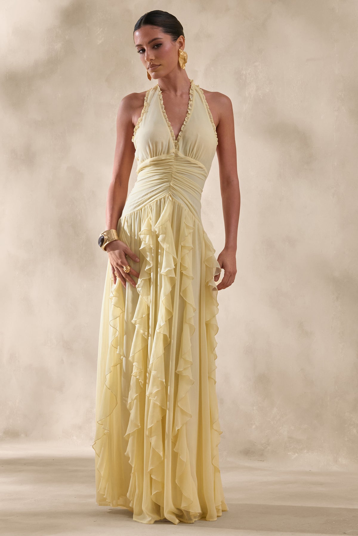 Bea Lemon Plunge-Neck Ruffled Maxi Dress Club L London - USA Bea Lemon Plunge-Neck Ruffled Maxi Dress Club L London - USA