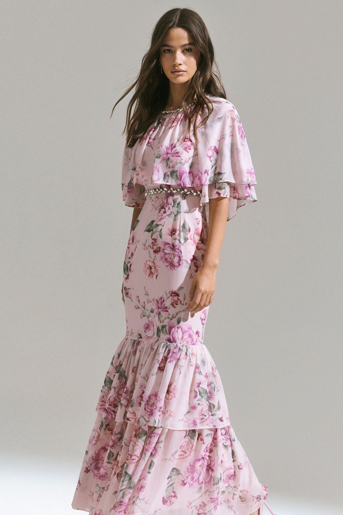 Never Let Go | Pink Floral Print Chiffon Maxi Dress with Tiered Hem - UK 10 Pink Base Floral Print Never Let Go | Pink Floral Print Chiffon Maxi Dress with Tiered Hem - UK 10 Pink Base Floral Print