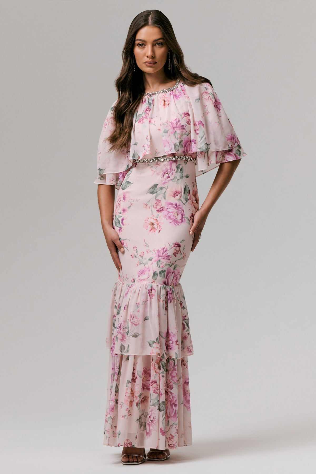 Never Let Go Pink Floral Print Chiffon Maxi Dress With Tiered Hem Club L London - USA Never Let Go Pink Floral Print Chiffon Maxi Dress With Tiered Hem Club L London - USA