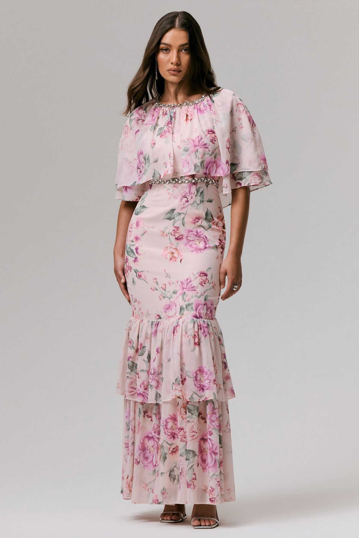 Never Let Go Pink Floral Print Chiffon Maxi Dress With Tiered Hem Club L London - USA Never Let Go Pink Floral Print Chiffon Maxi Dress With Tiered Hem Club L London - USA
