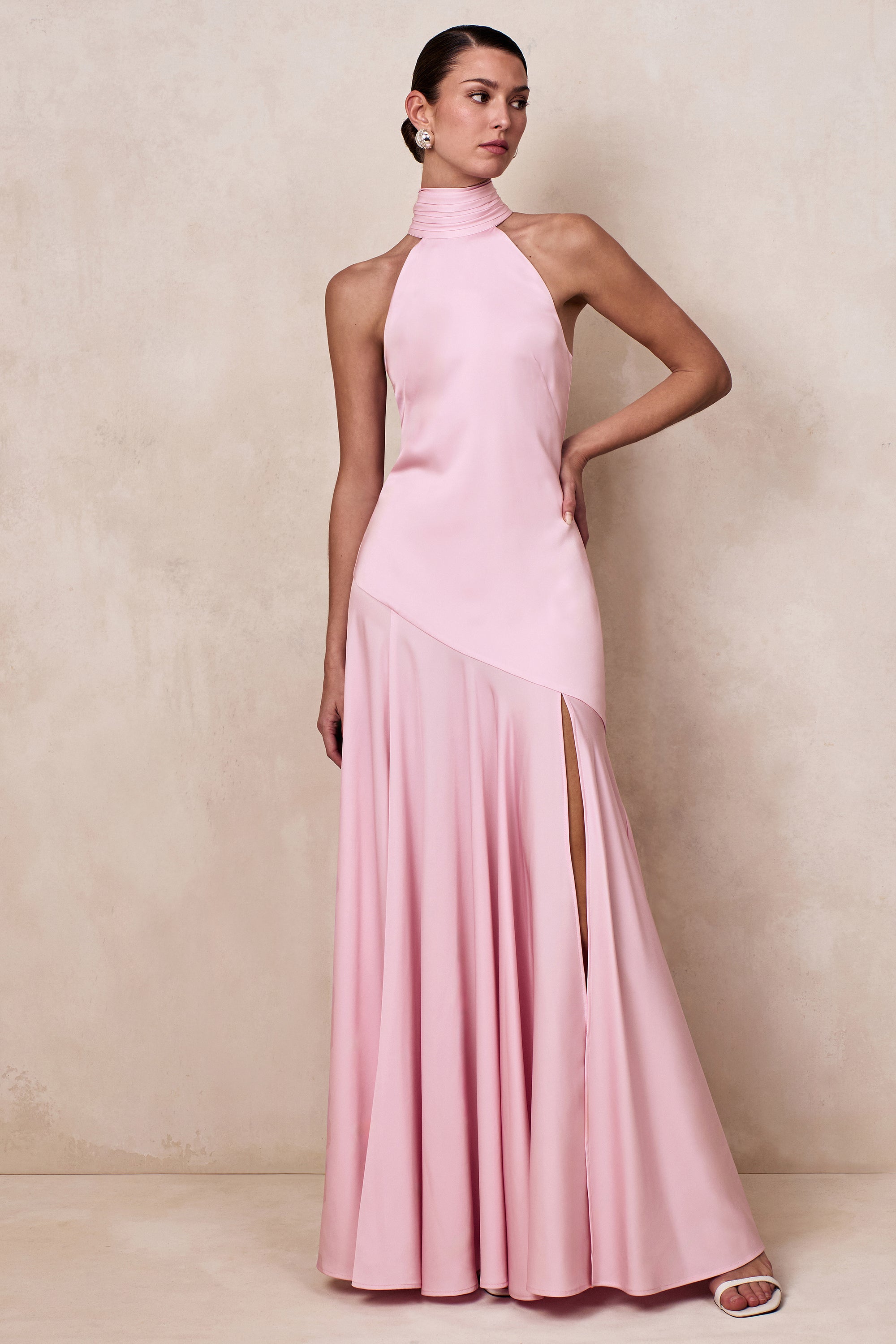 drop waist pink dress Rush | Jacinda Maxi Dress length gown features a beautifully ruched breast Luscious | Light Pink High-Neck