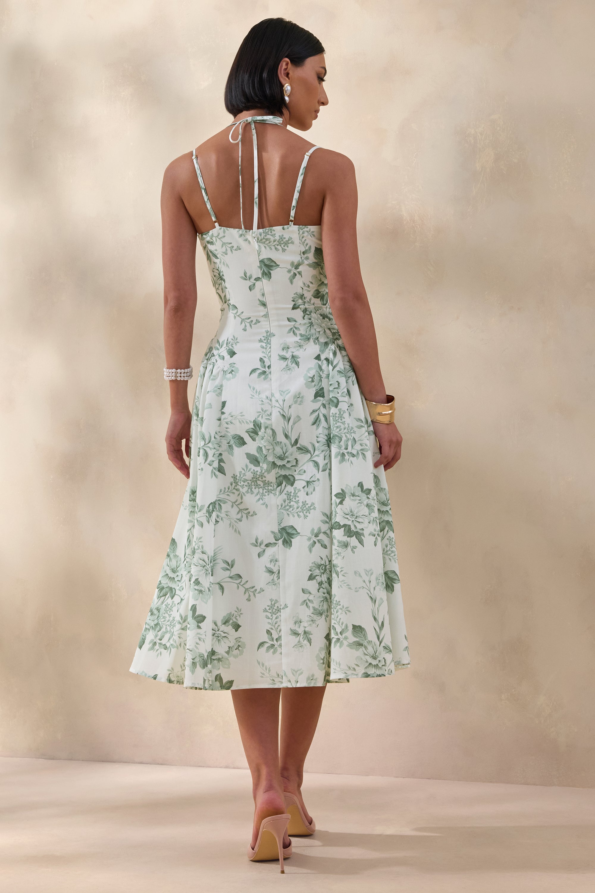 green floral high neck dress Green Floral Satin Halter Maxi Dress Gabi Swimwear