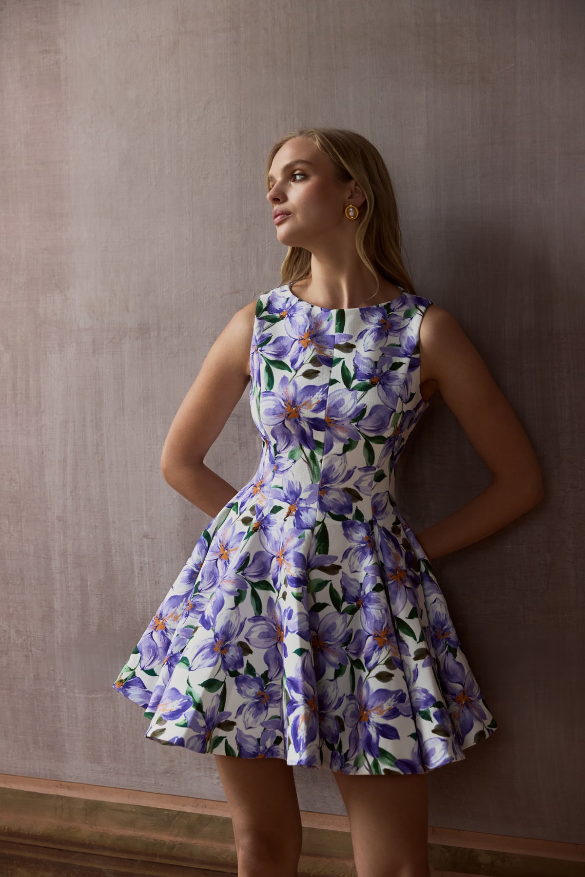 Gabrielle | Purple Lily Print Boat-Neck Skater Mini Dress - UK 14 Purple and orange floral Gabrielle | Purple Lily Print Boat-Neck Skater Mini Dress - UK 14 Purple and orange floral