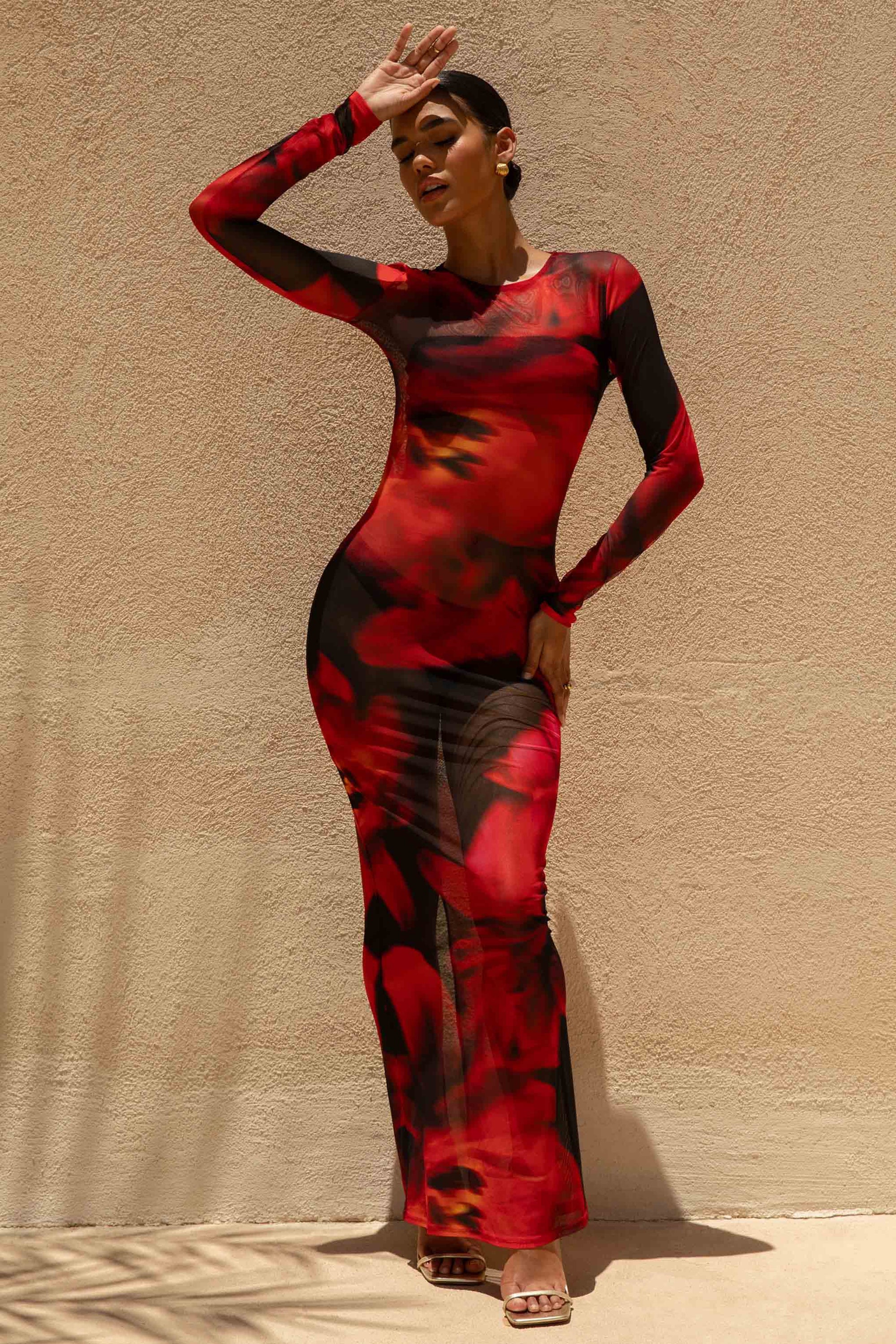 red and black fitted dress Sheer Fishtail Hem Bodycon Maxi Dress Littlebox India