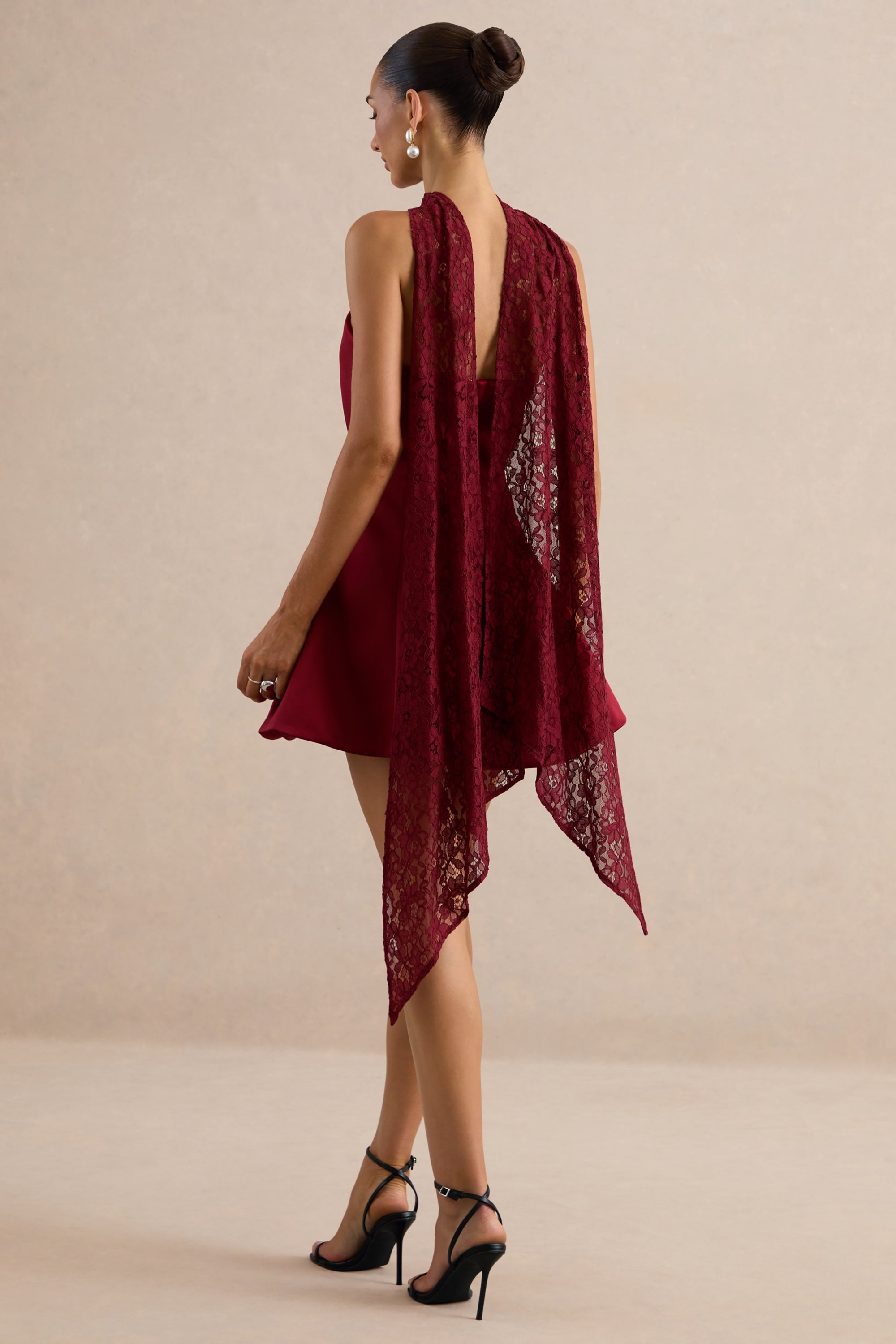 Lioray | Burgundy Satin Bandeau-Neck A-Line Mini Dress