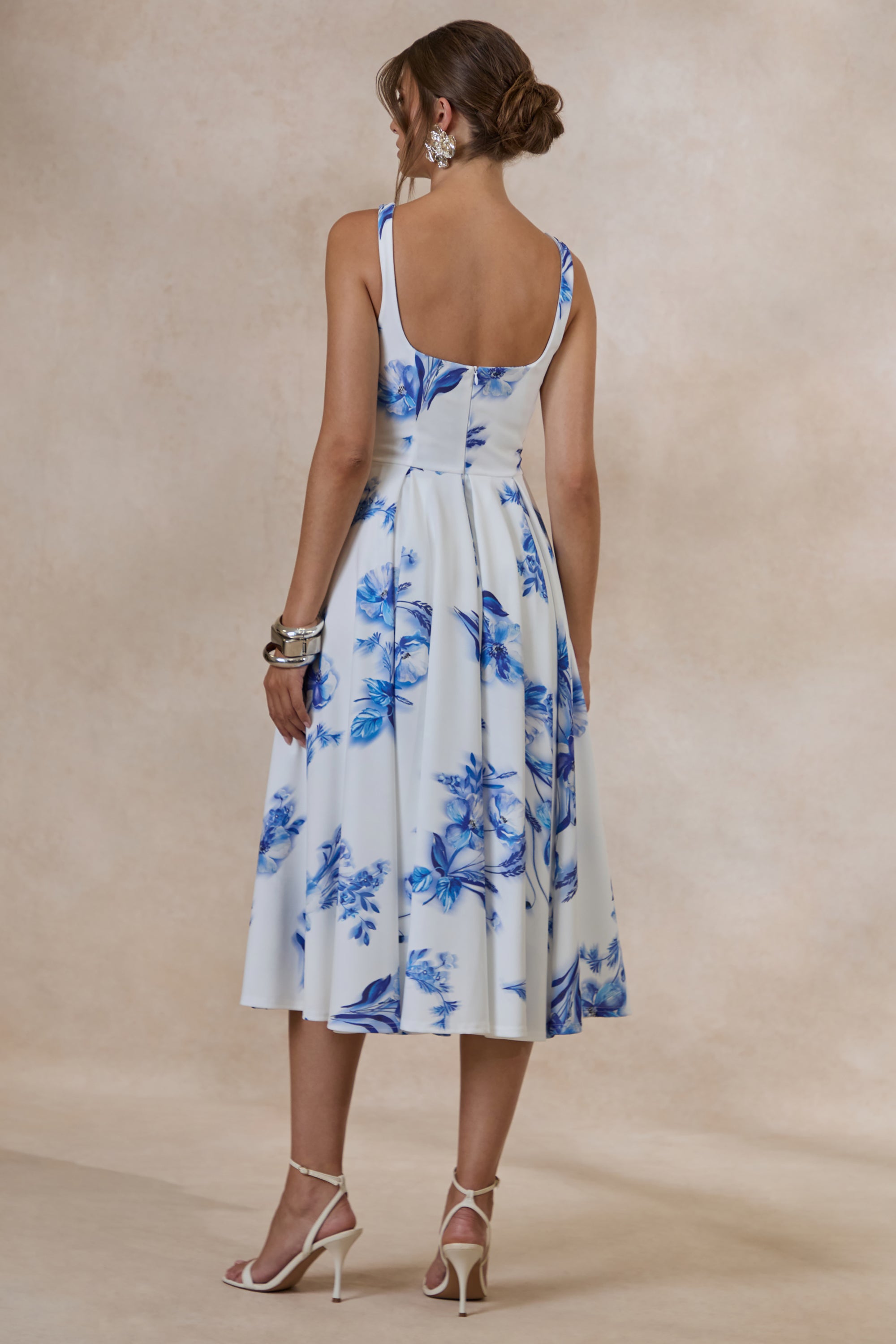 blue floral square neck dress Square Neck Floral Blue Midi Dress, Blouson Sleeve Dress