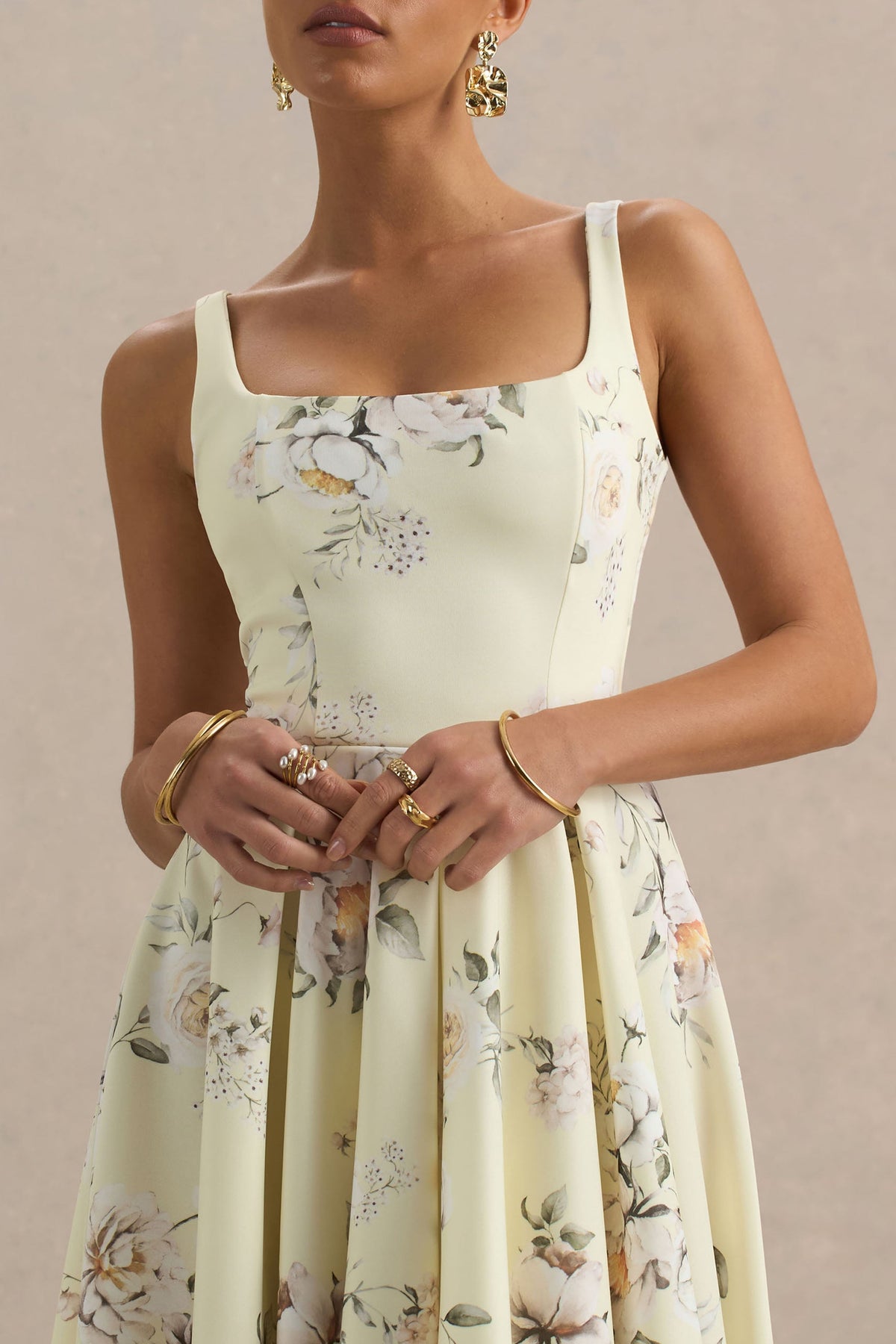 Lissa | Lemon Floral Bouquet Print Square-Neck Midi Dress - UK 12 Lemon Floral Bouquet Print Lissa | Lemon Floral Bouquet Print Square-Neck Midi Dress - UK 12 Lemon Floral Bouquet Print
