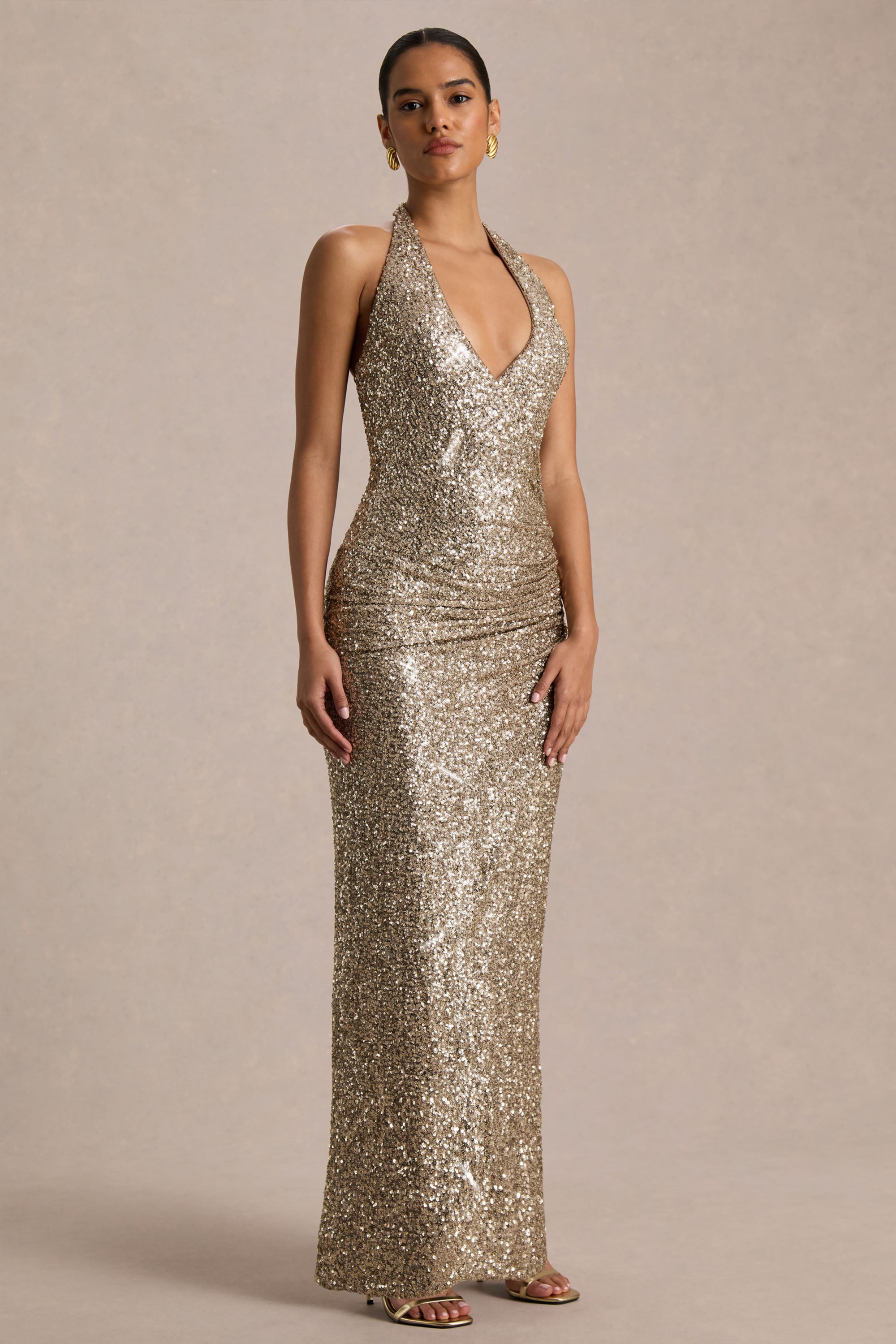 Gio | Champagne Sequin Plunge-Neck Wrap Maxi Dress With Ruched Detailing And Front Split
