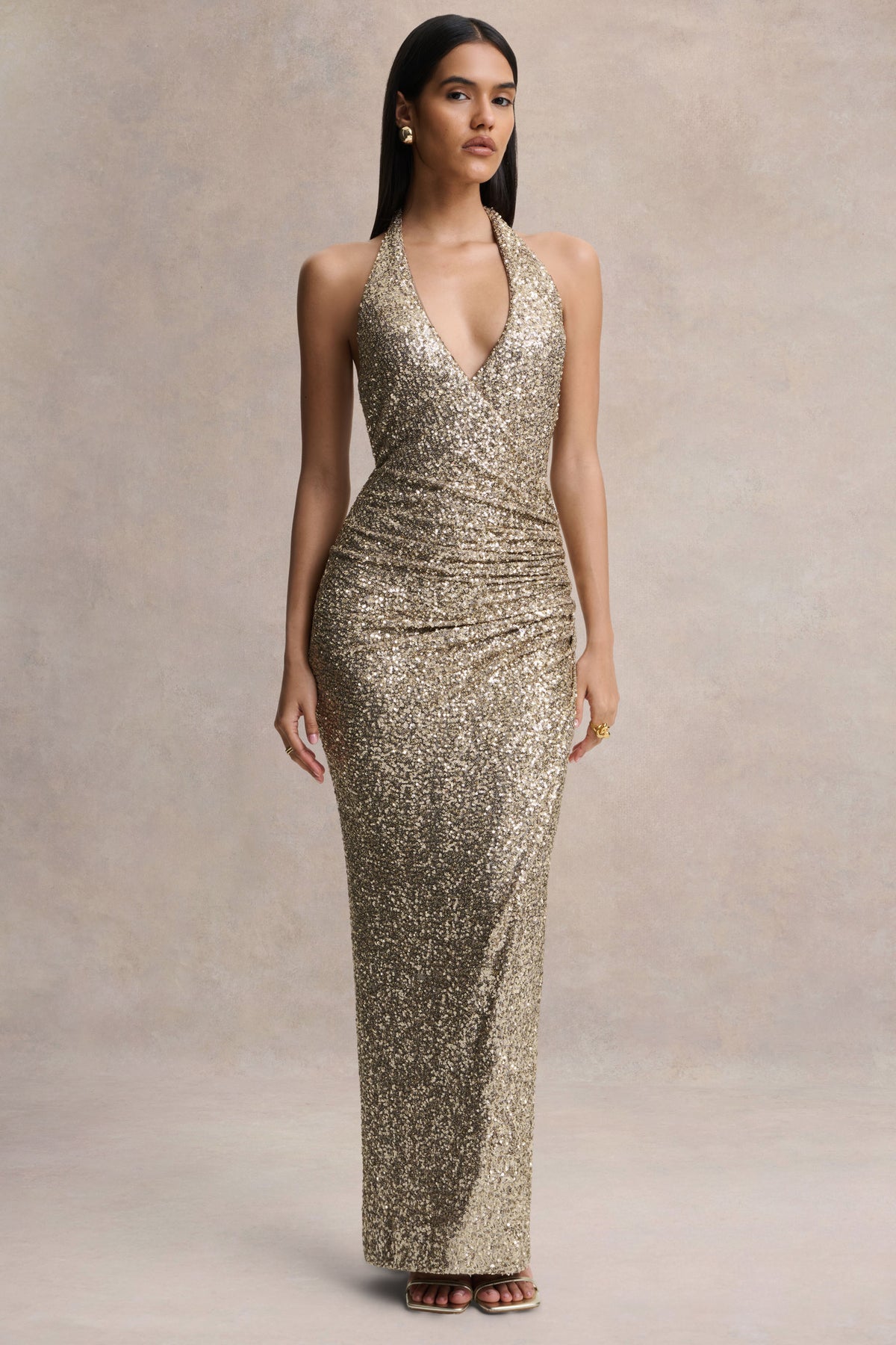 Gio Champagne Sequin Plunge-Neck Wrap Maxi Dress With Ruched Detaili Club L London - USA Gio Champagne Sequin Plunge-Neck Wrap Maxi Dress With Ruched Detaili Club L London - USA