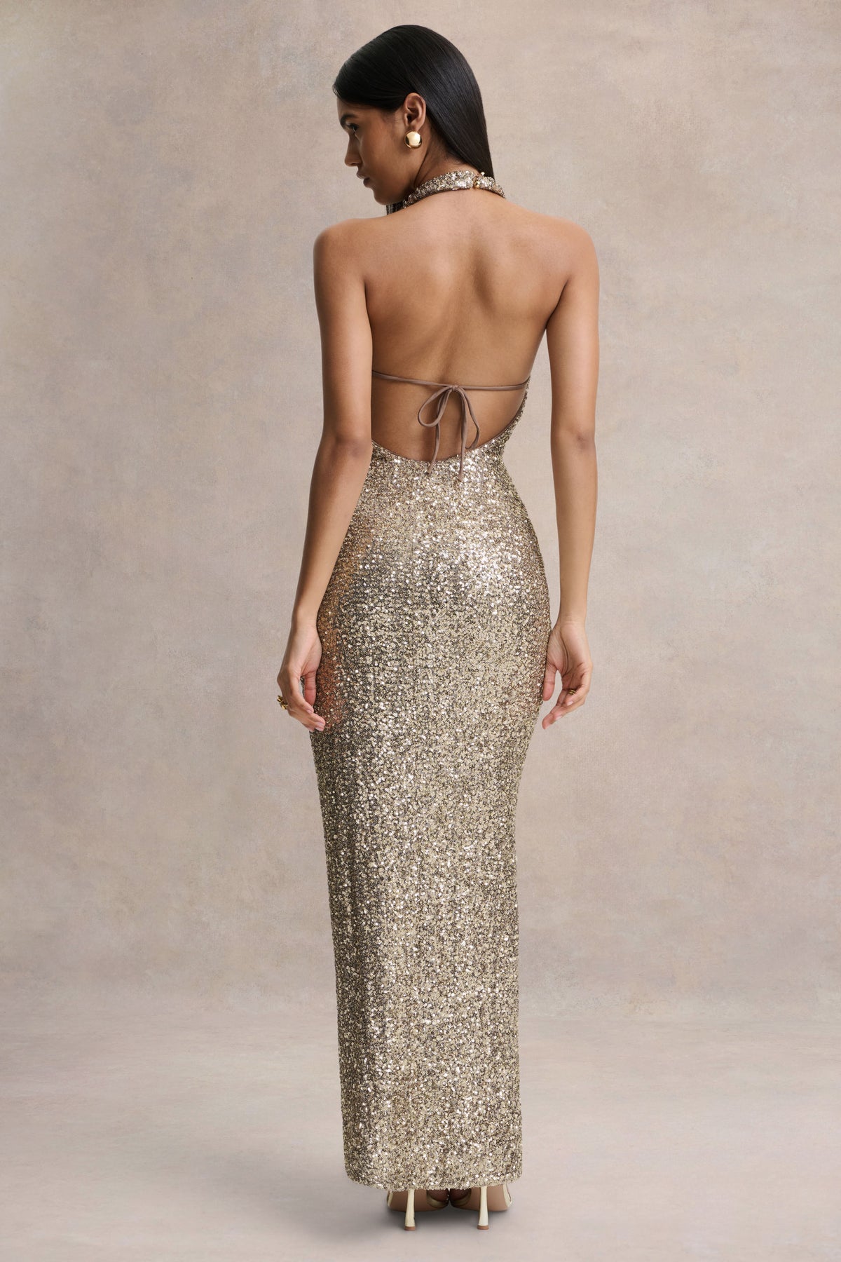 Gio Champagne Sequin Plunge-Neck Wrap Maxi Dress With Ruched Detaili Club L London - USA Gio Champagne Sequin Plunge-Neck Wrap Maxi Dress With Ruched Detaili Club L London - USA