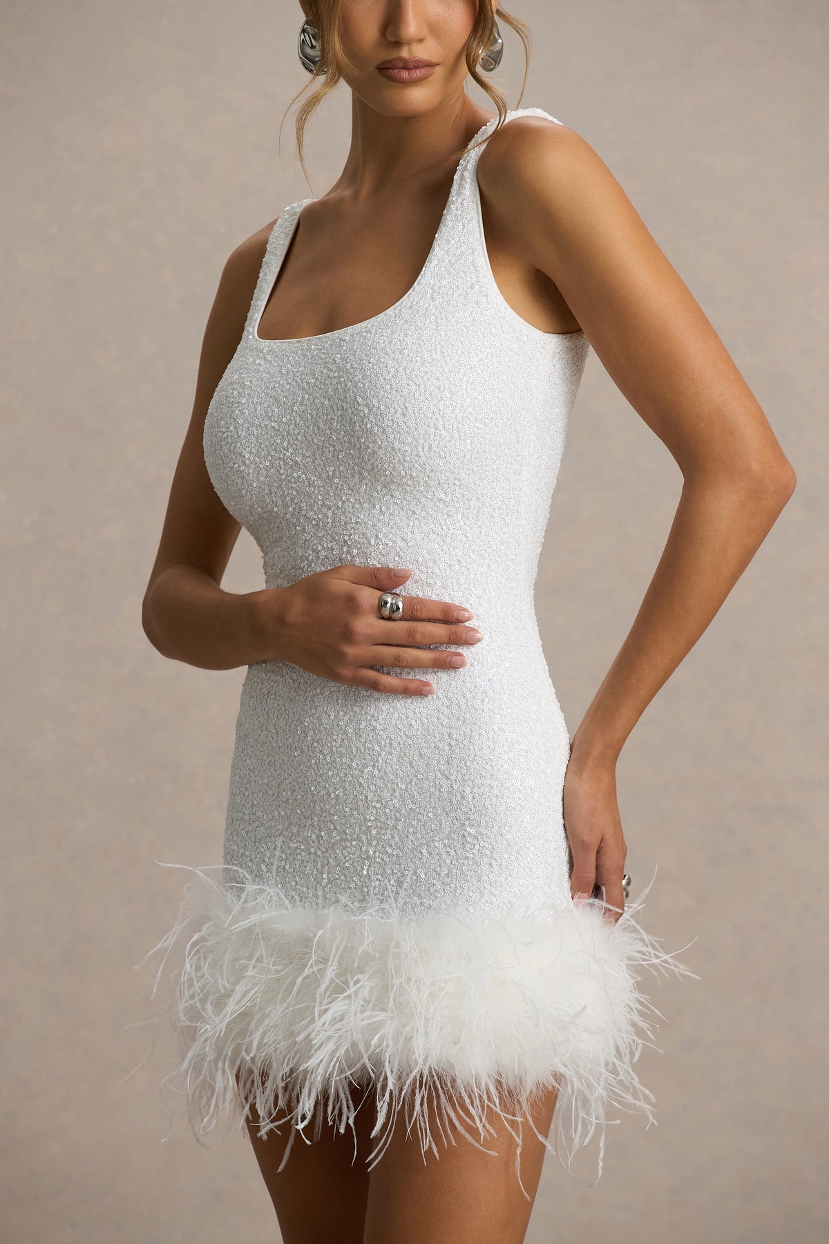 Rosalinda | White Sequin Square-Neck Mini Dress With Feather Trim - UK 12 White Rosalinda | White Sequin Square-Neck Mini Dress With Feather Trim - UK 12 White