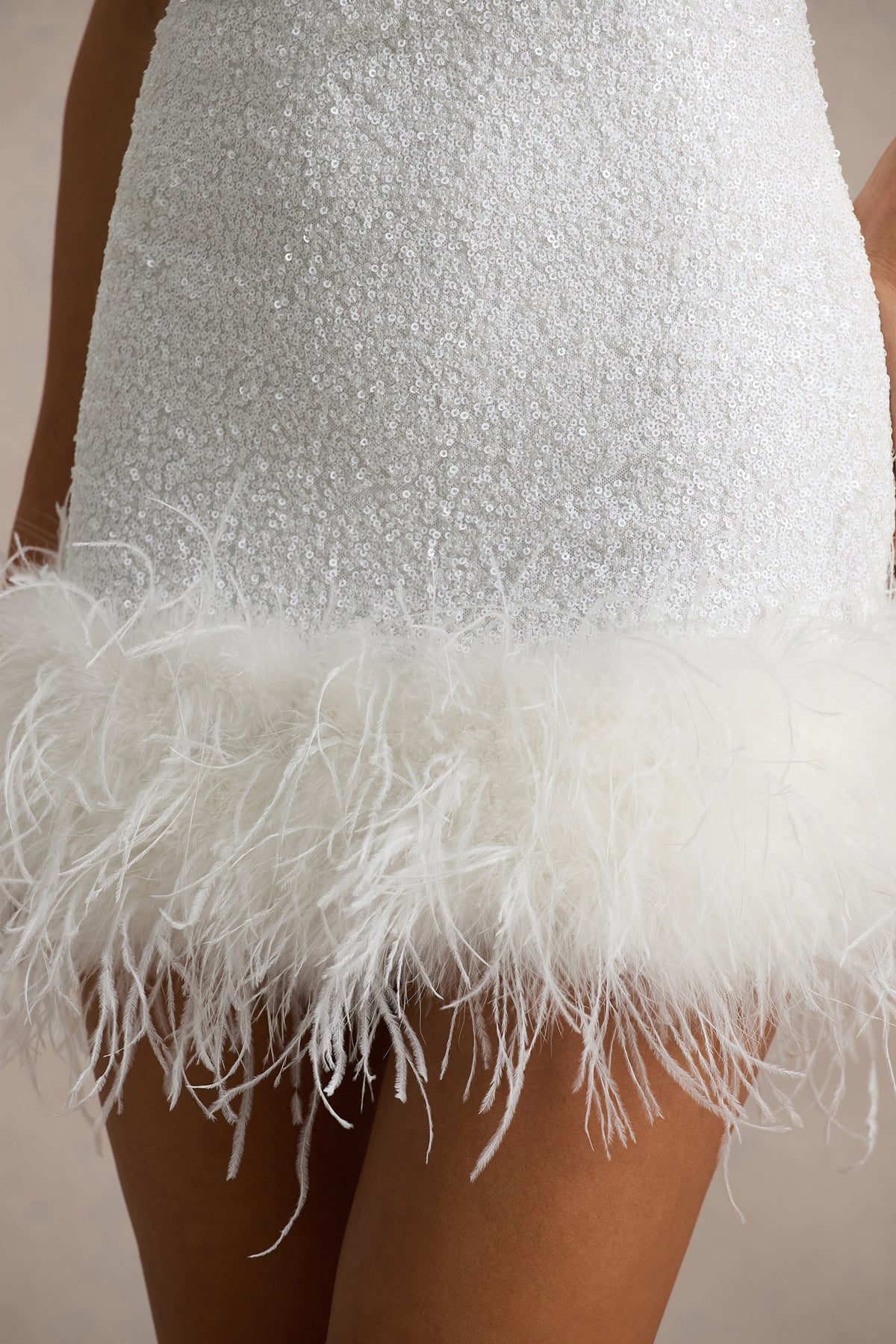 Rosalinda | White Sequin Square-Neck Mini Dress With Feather Trim - UK 8 White Rosalinda | White Sequin Square-Neck Mini Dress With Feather Trim - UK 8 White