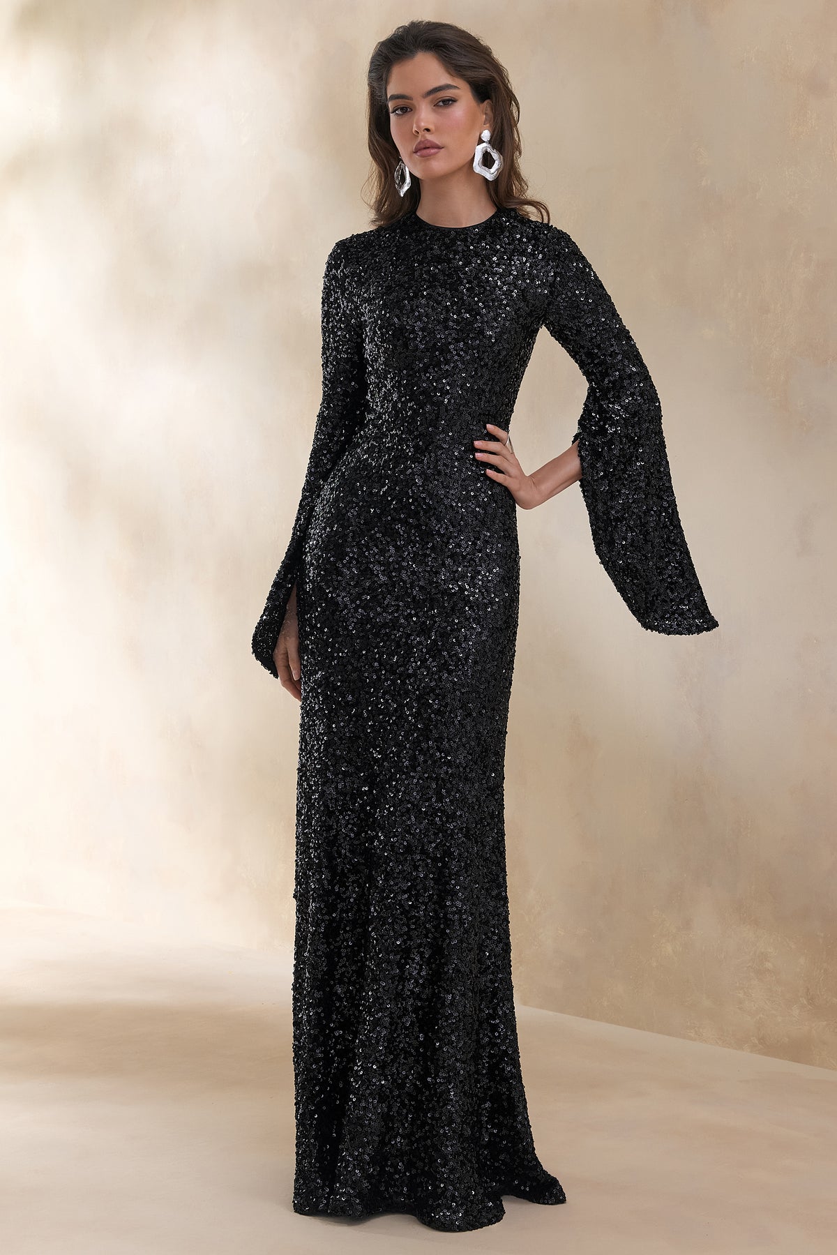 Romea Black Sequin High-Neck Maxi Dress With Cape Sleeves Club L London - USA Romea Black Sequin High-Neck Maxi Dress With Cape Sleeves Club L London - USA