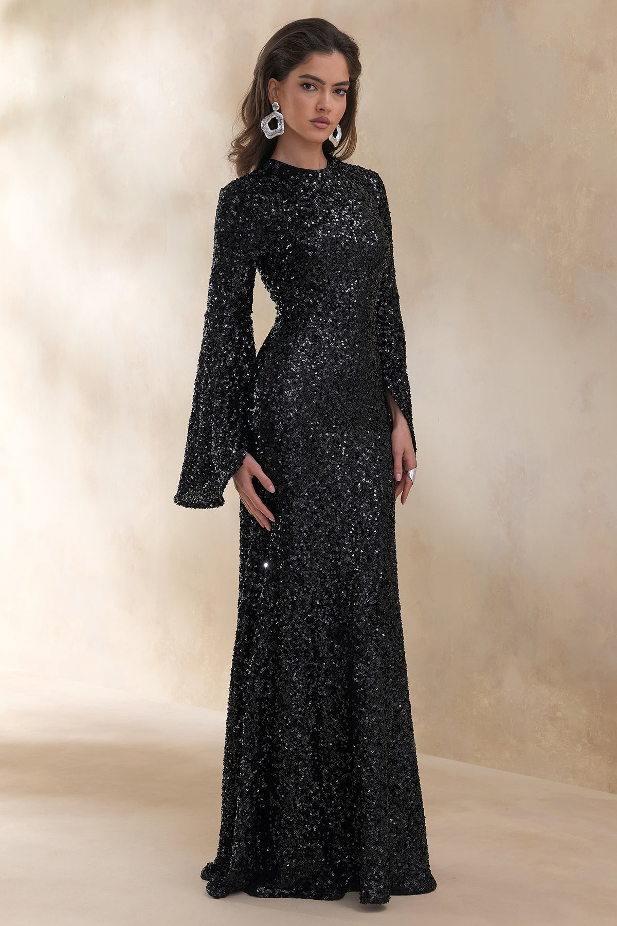 Romea | Black Sequin High-Neck Maxi Dress With Cape Sleeves Romea | Black Sequin High-Neck Maxi Dress With Cape Sleeves