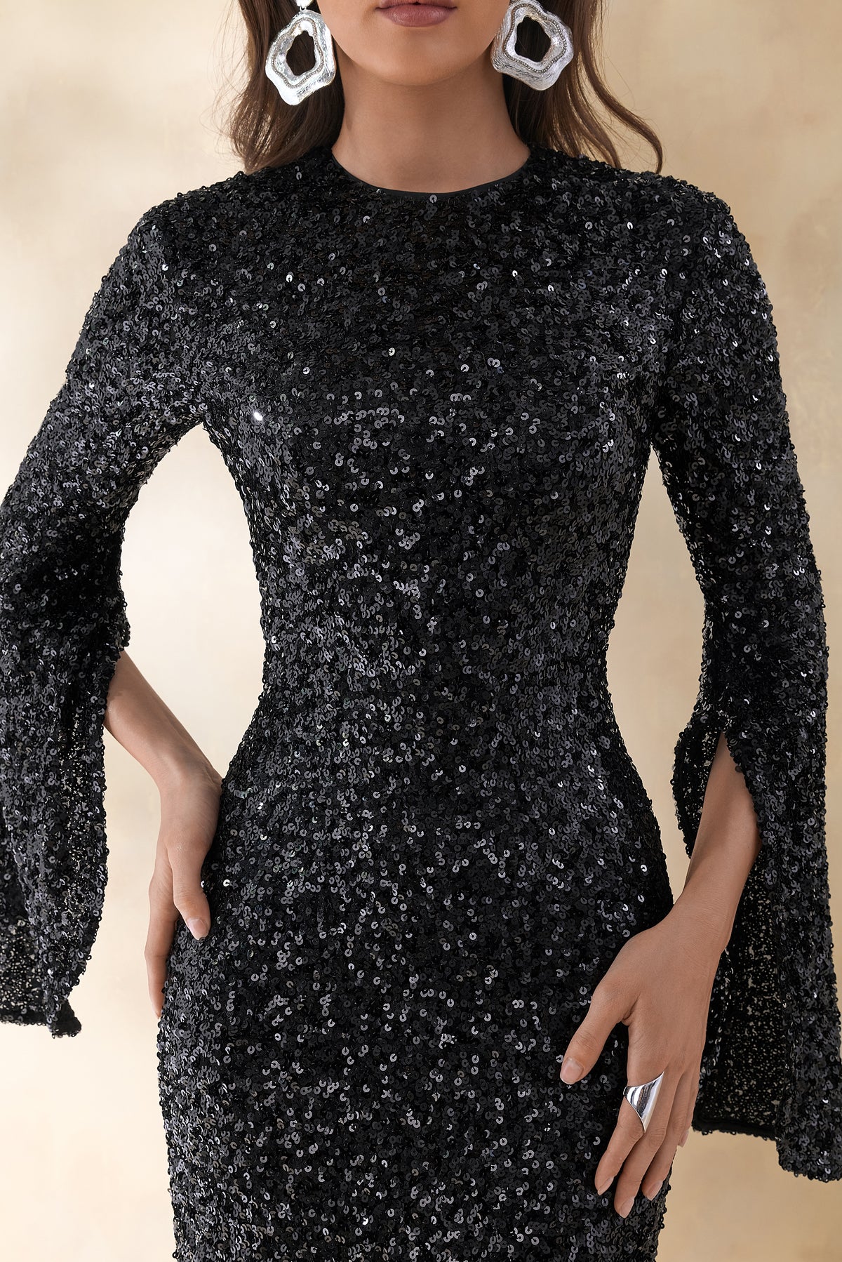 Romea | Black Sequin High-Neck Maxi Dress With Cape Sleeves - UK 6 Black Romea | Black Sequin High-Neck Maxi Dress With Cape Sleeves - UK 6 Black