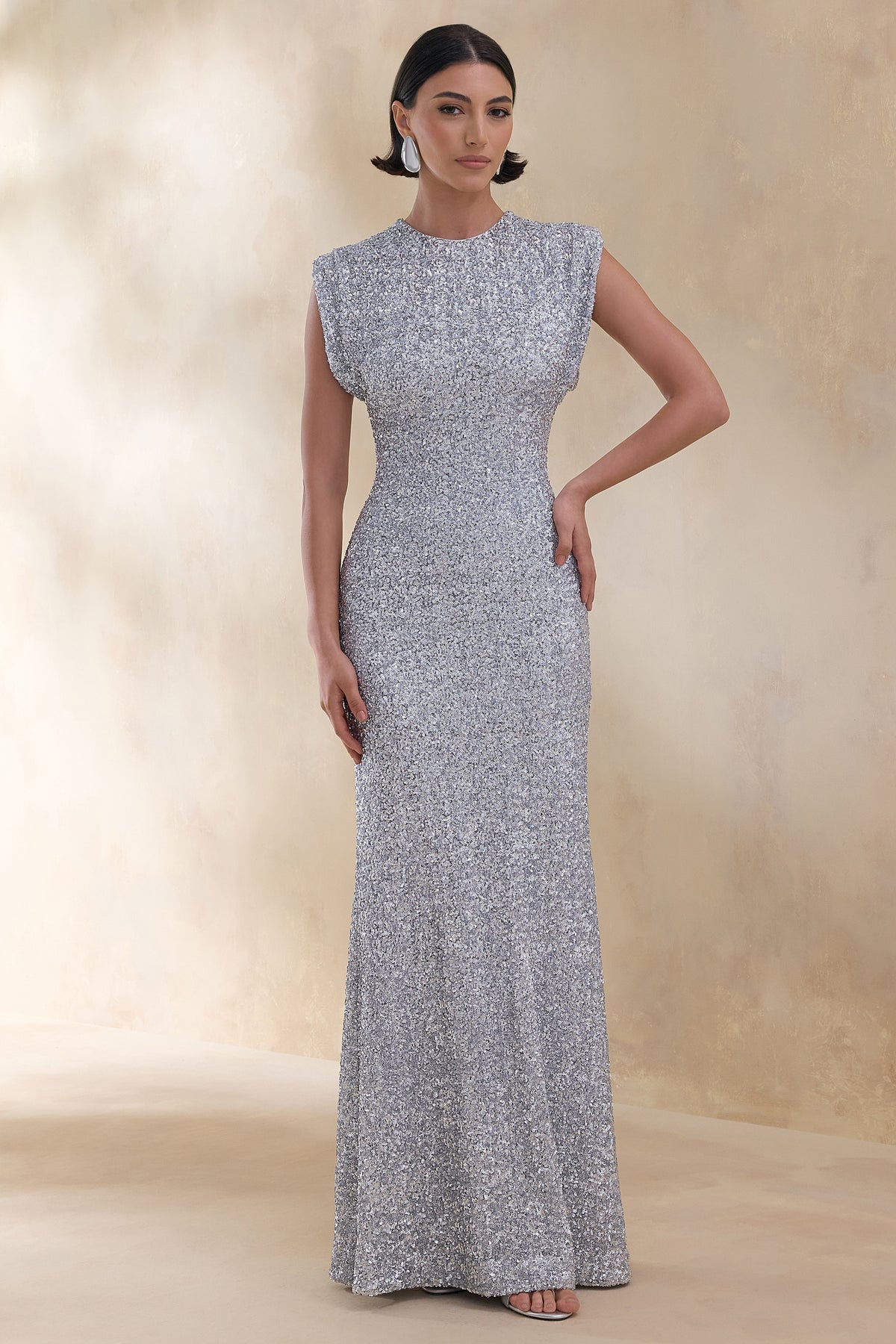 Aurah Silver Sequin Crew-Neck Maxi Dress With Cap Sleeves Club L London - USA Aurah Silver Sequin Crew-Neck Maxi Dress With Cap Sleeves Club L London - USA