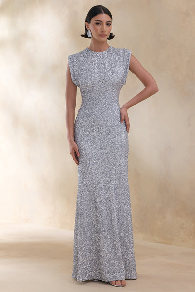 silver cover up for formal dress Aurah | Sequin Crew-Neck Maxi With Cap Sleeves this design balances elegance Size:17.5 US (44 EU) Dispatch Blonde Blazer Dress Red Carpet Dress