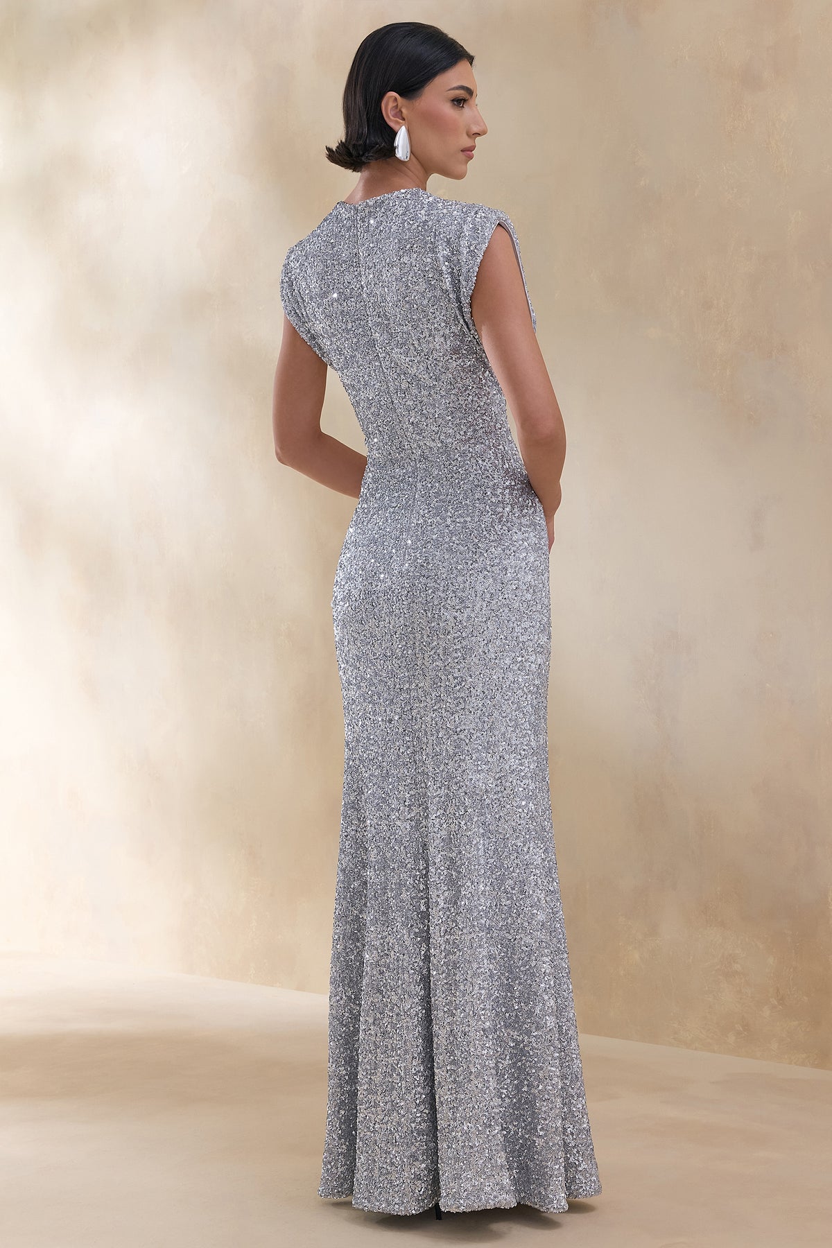 Aurah Silver Sequin Crew-Neck Maxi Dress With Cap Sleeves Club L London - USA Aurah Silver Sequin Crew-Neck Maxi Dress With Cap Sleeves Club L London - USA