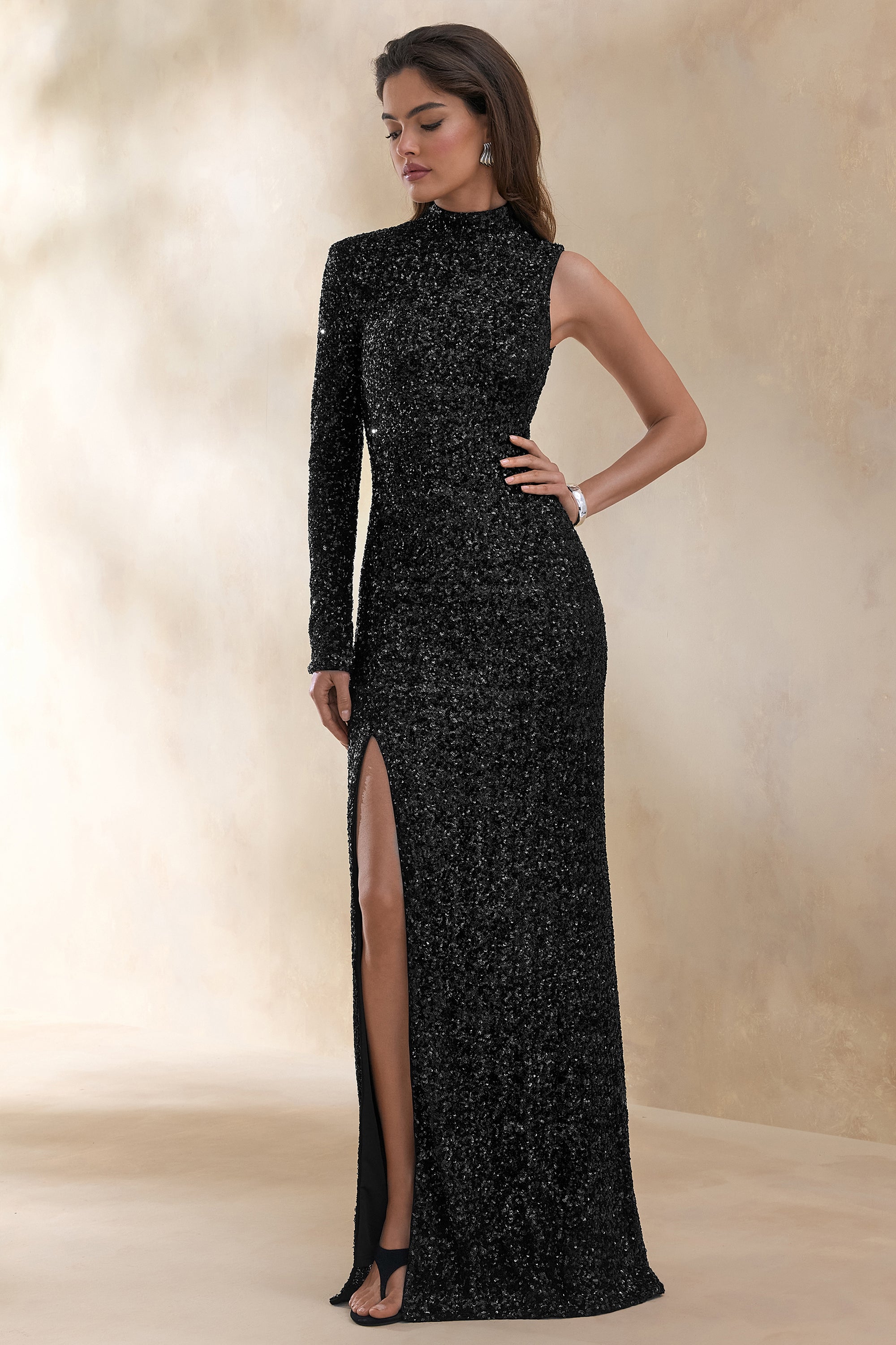 long sleeve cocktail maxi dress Mery | Black Sequin High-Neck Wrap Maxi Dress With One-Long Sleeve